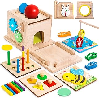 8-in-1 Wooden Montessori Toys for Babies 6-12 Months, Object Permanence Box, Wooden Play Kit for Kids Age 1 2, Coin Box, Shape Sorter, Toddlers Wooden Learning Toys, Birthday Gift for Age 12-18 Months