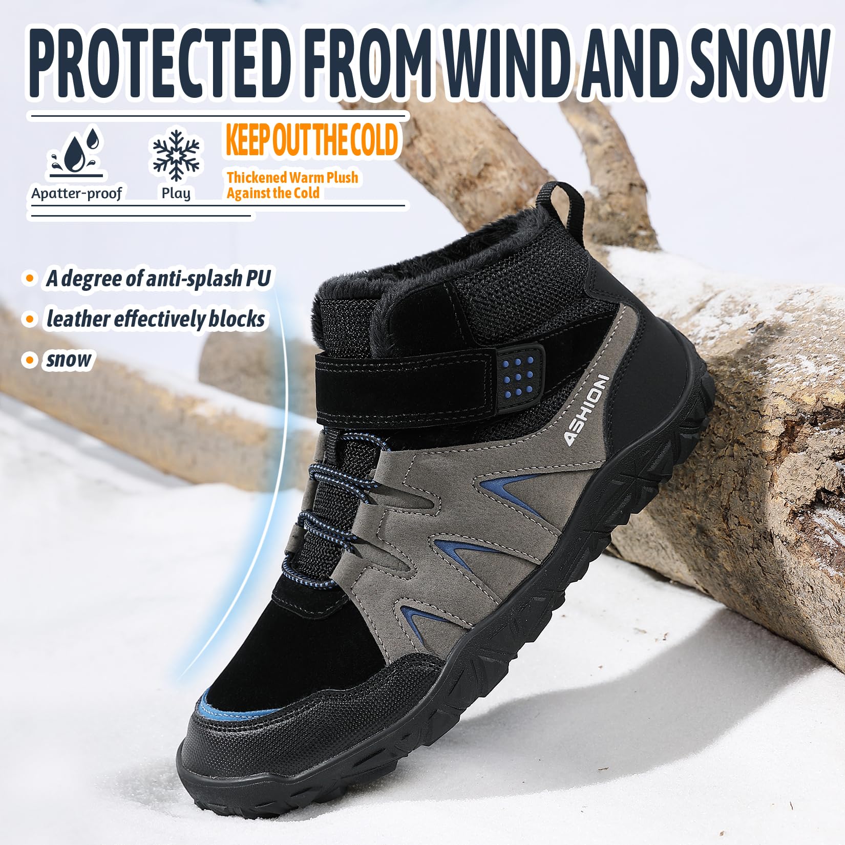 Littleplum Winterschuhe Jungen Winterstiefel Kinder Barfussschuhe Winter Warm Gefüttert Schneestiefel Wanderstiefel(B Grau Blau,33EU)