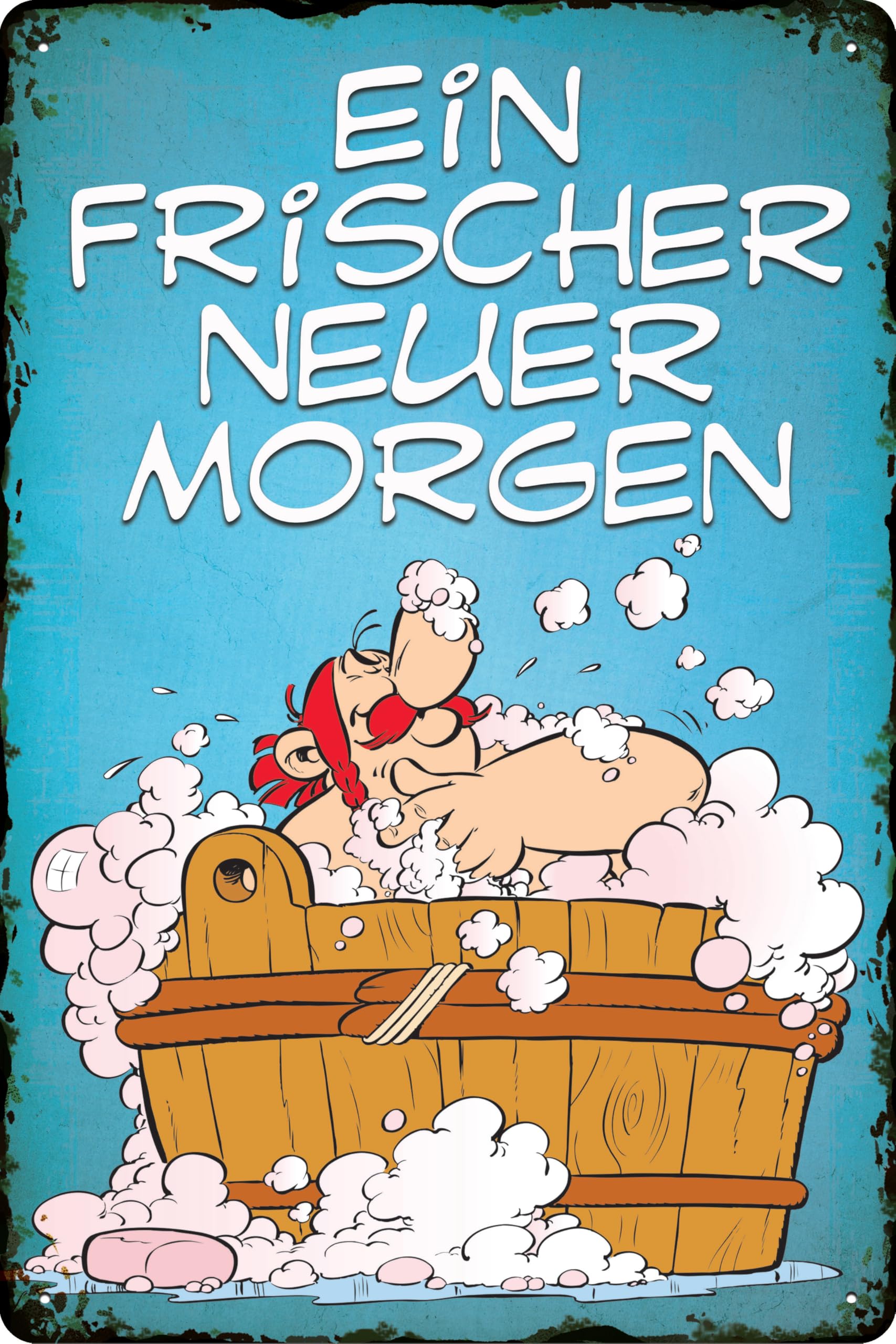 LUCKYLINDE - Retro Blechschild, ASTERIX und OBELIX, französiche kult Comic Serie, Deko Schild, 14 x 20 cm (Obelix in der Badewanne, Ein frischer neuer Morgen)