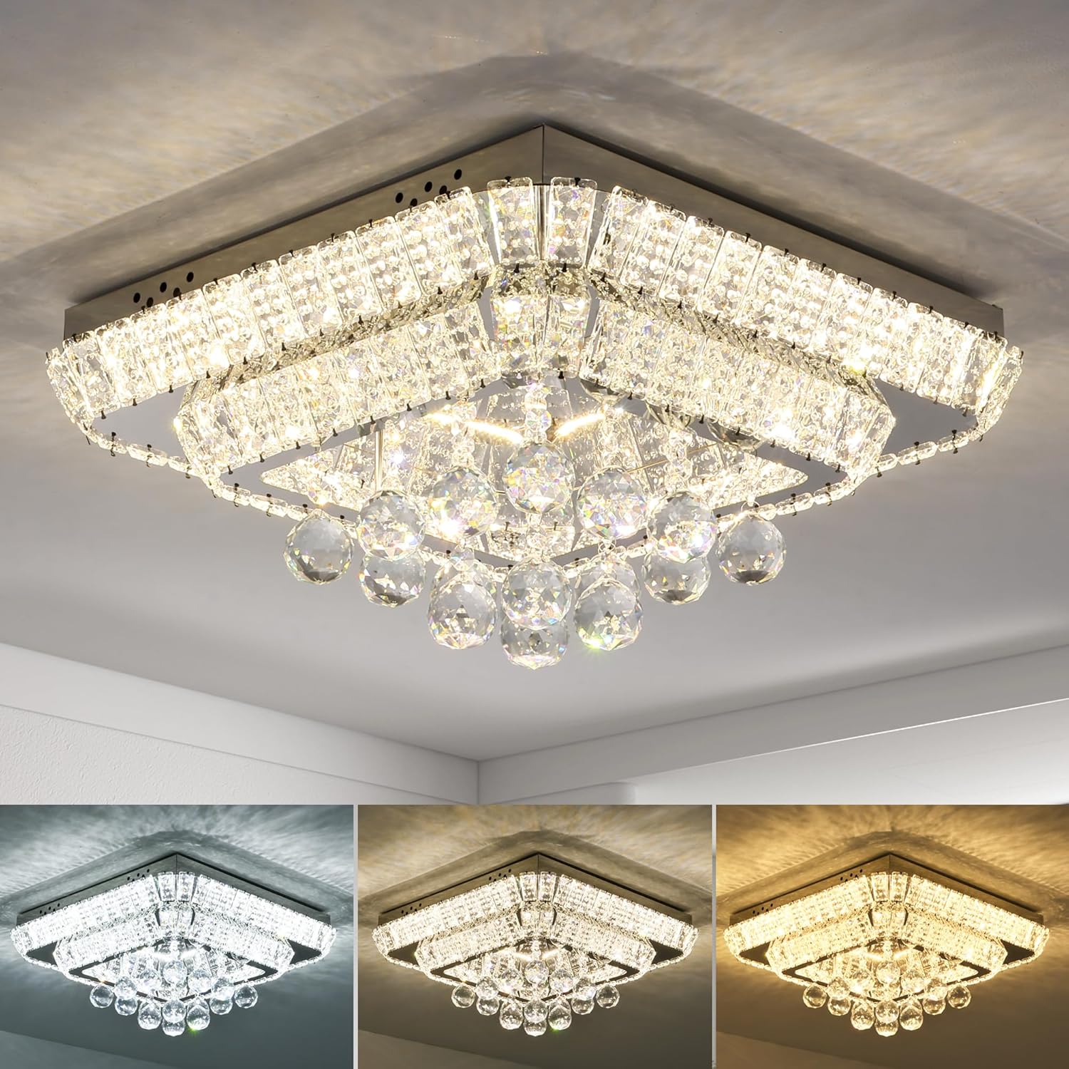 22.8" Crystal Ceiling-Light Flush Mount with Remote Control, 3 Colors Temp & Brightness Adjustable, Modern Crystal Raindrop Chandeliers for Bedroom Hallway Dinning and Living Rooms-Square