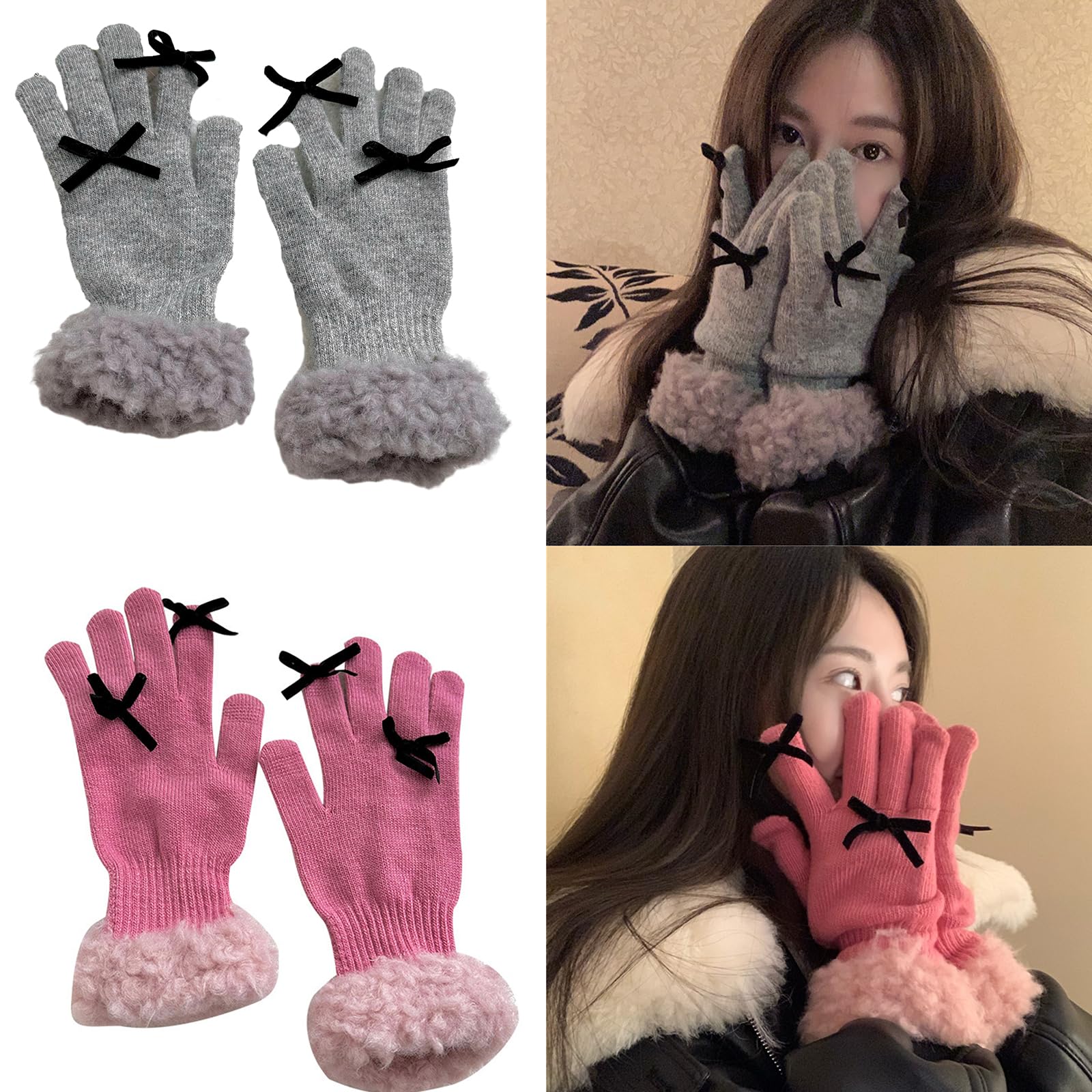 Knitted Plush Cuffs Gloves Winter Full Finger Mittens Stretchy Warm Gloves With Small Bowknot Decor For Girls Teens