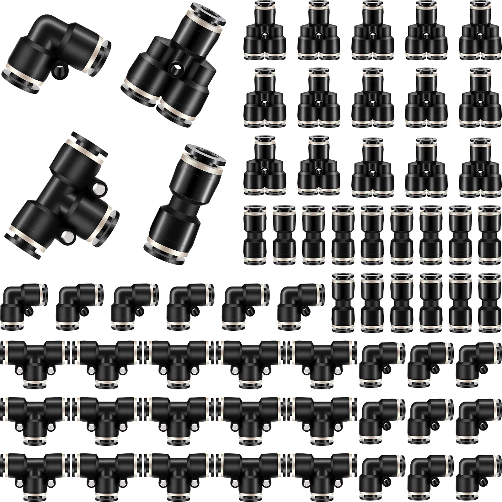 HotopHotop Push to Connect Fittings Air Line Pneumatic Fittings Kit Quick Release Pneumatic Connectors Air Line Splitters Elbows Tee Straight Tubes(60 Pcs,Black,3/8 Inch Od)