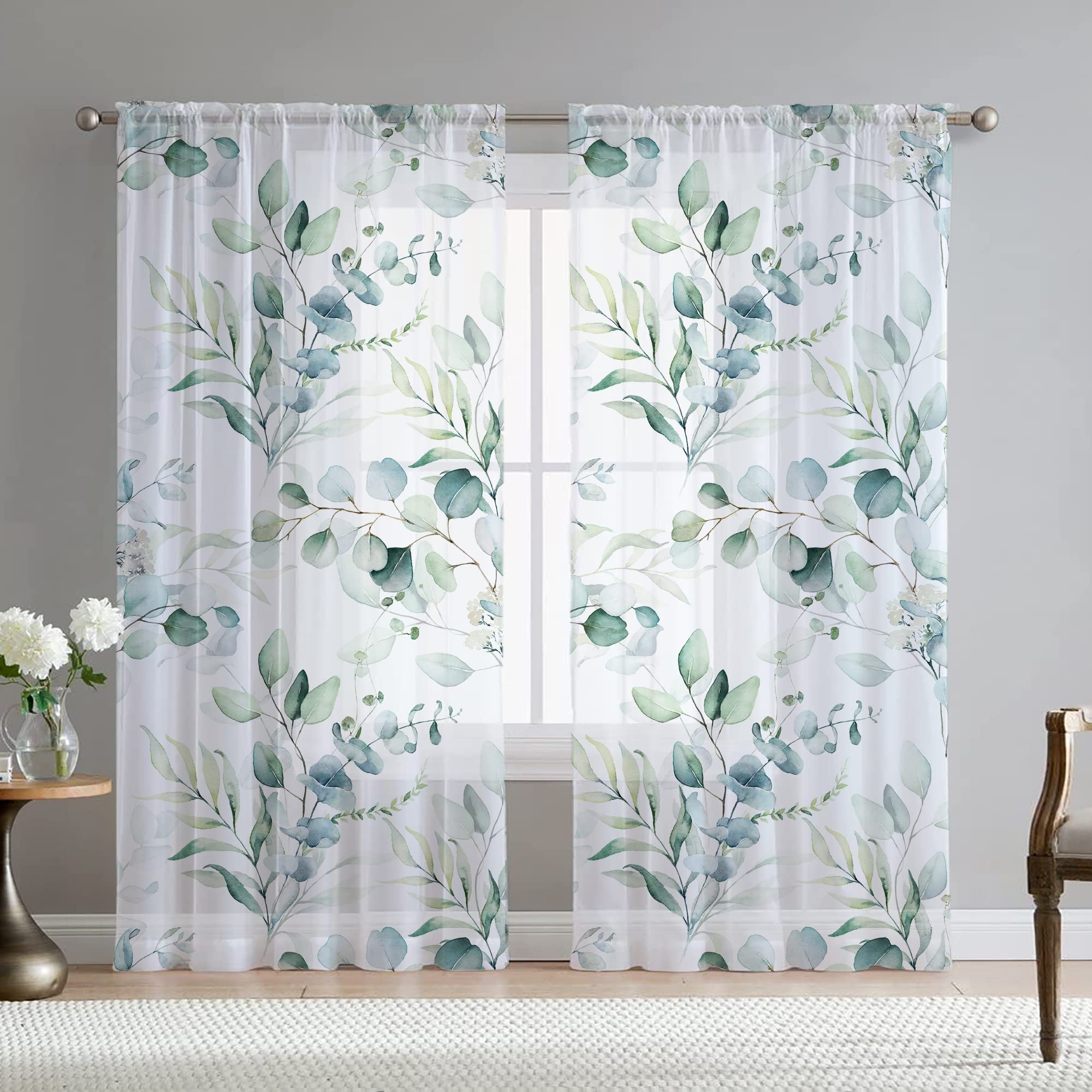 Fereyis Green Eucalyptus Leaves Curtains for Living Room 84 inch Length 2 Panels Set Elegant Floral Plant Spring Printed Window Curtain Natural Sheer