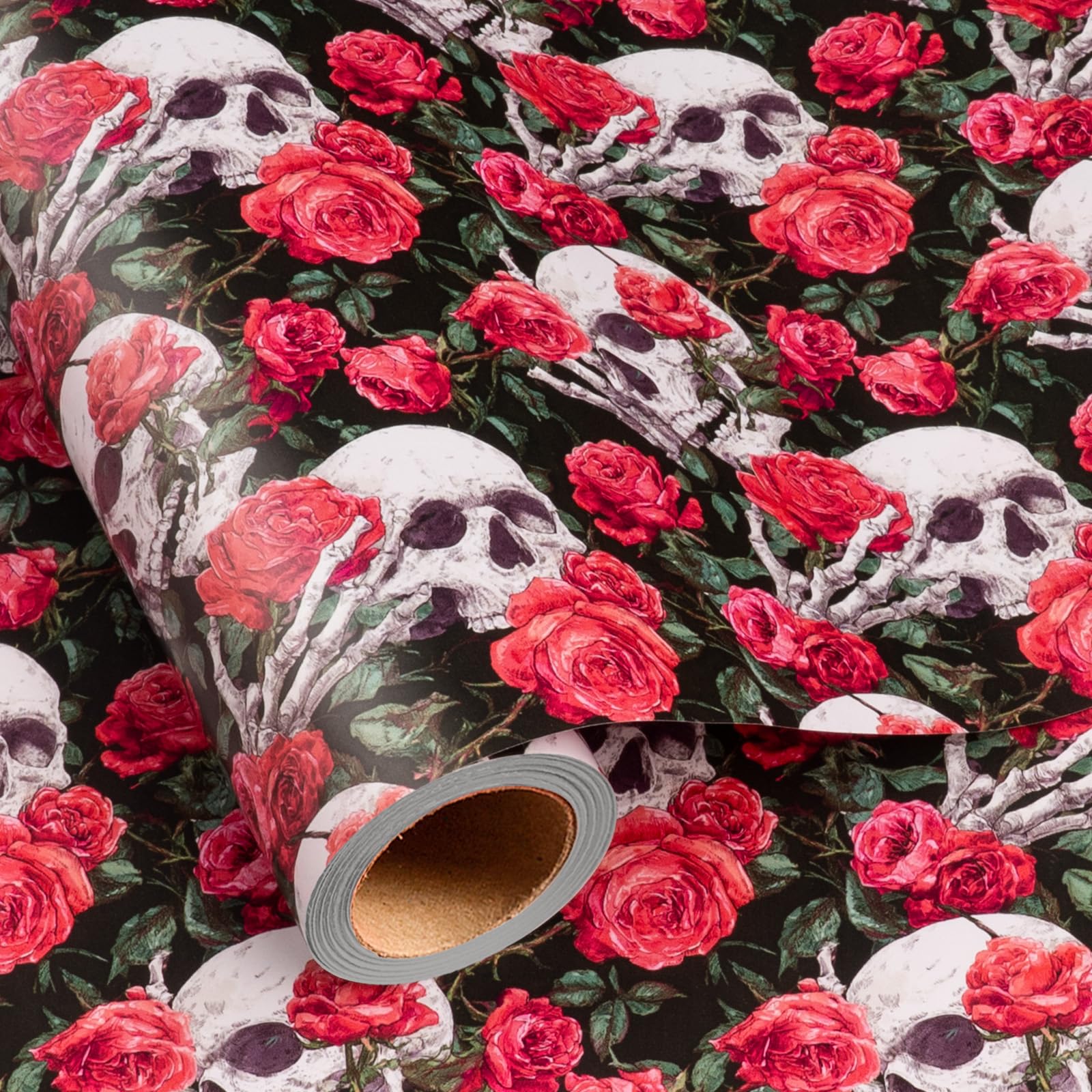 Burymento Halloween Wrappng Paper Roll, Gothic Rose and Skull Wrapping Paper, Dark Red Floral Skeleton Black Gift Wrap for Valentine's Day, Anniversary, Wedding, Goth (Mini Roll, 17 In x 16.4 Ft)