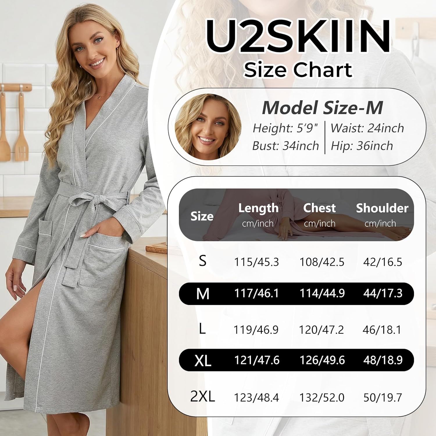 U2SKIIN Womens Premium 100% Cotton Robe, Soft Lightweight Long Bathrobe, Kimono Spa Sleepwear with Pockets - Image 7