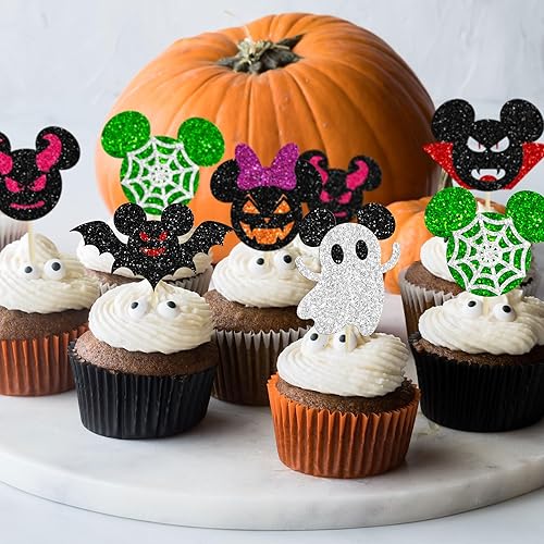 Miniatura 7 de 24 piezas inspiradas en mini ratones para cupcakes de Halloween con purpurina para cupcakes de Halloween, murciélagos, calabaza, fantasma,