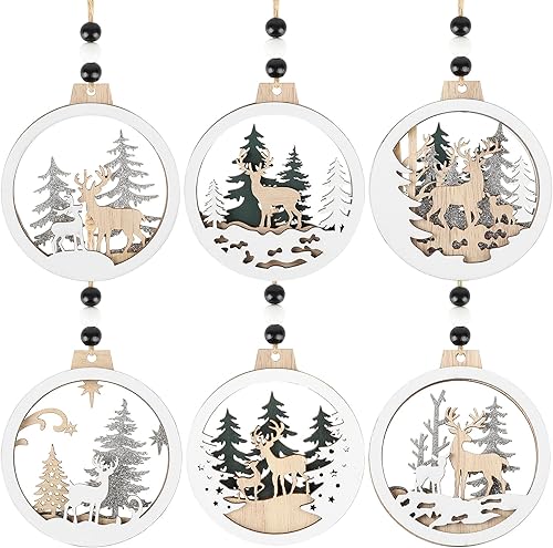 6 adornos de Navidad de madera con purpurina para árbol de madera de invierno del país de las maravillas, decoraciones colgantes de Feliz Navidad,