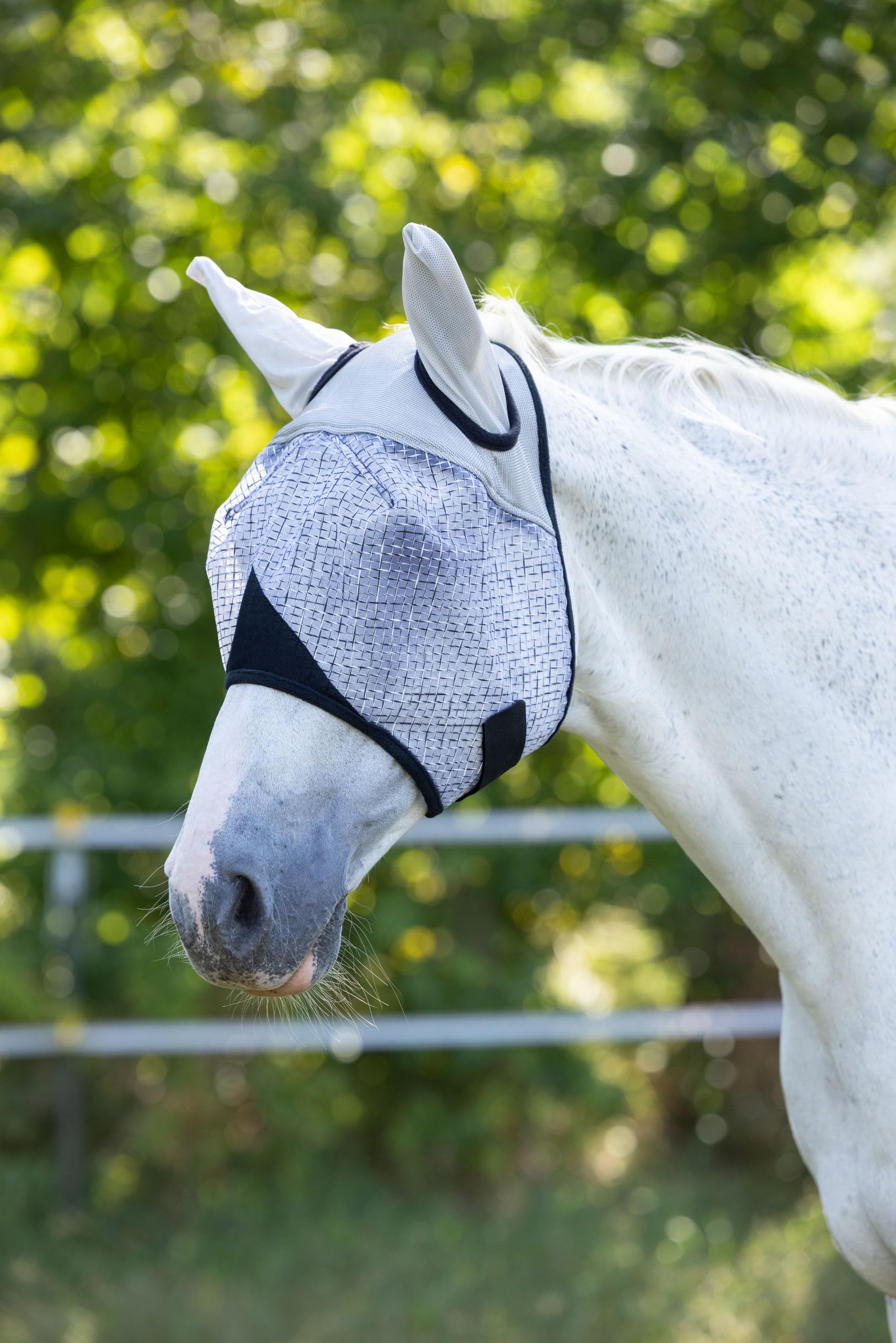 Covalliero Máscara antimoscas con protección auditiva, máscara para caballo, gris claro, full, con protección UV, relleno de vellón