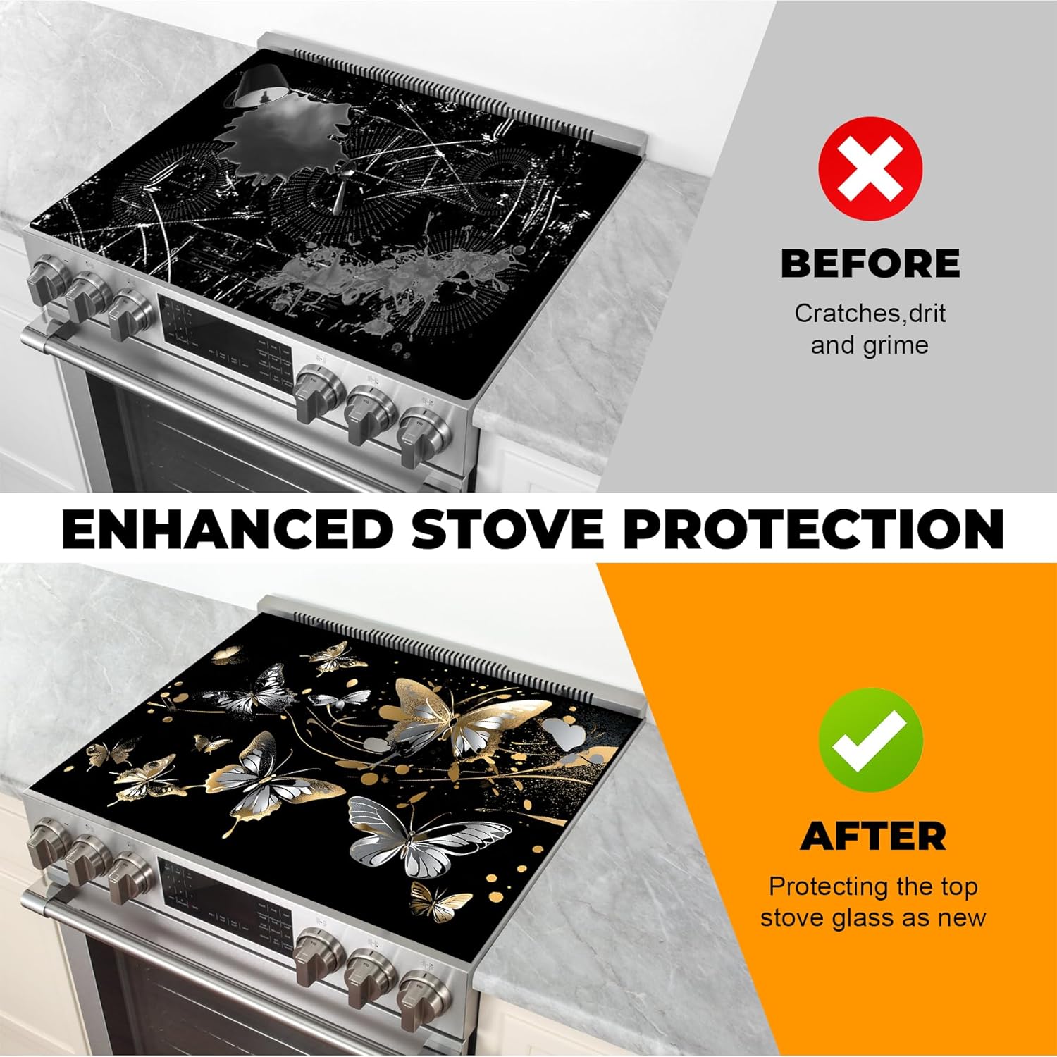 Heat-Resistant Glass Stove Top Cover with Anti-Slip Rubber Coating – Electric Stove Protector, Scratch-Resistant, Counter Space Decor Mat (Butterfly, 28.5"L x 20.5"W)