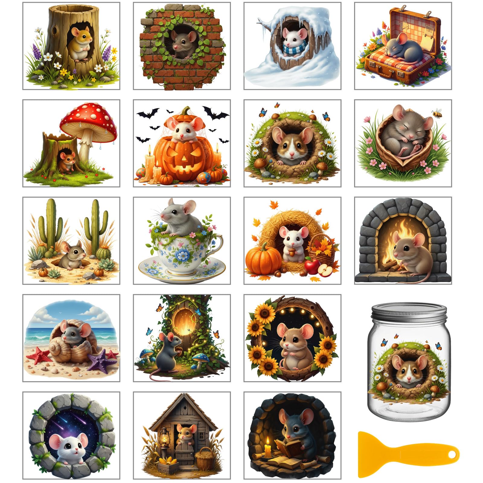 GLOBLELAND 18 Sheets Mouse Hole Transfer Sticker for Cup Crafts 3.9x3.6 inch Cute Mouse Decal Stickers Mushroom Mice Cave Rub on Transfer for Four Seasons Bottle Vase Glass Furniture Decor