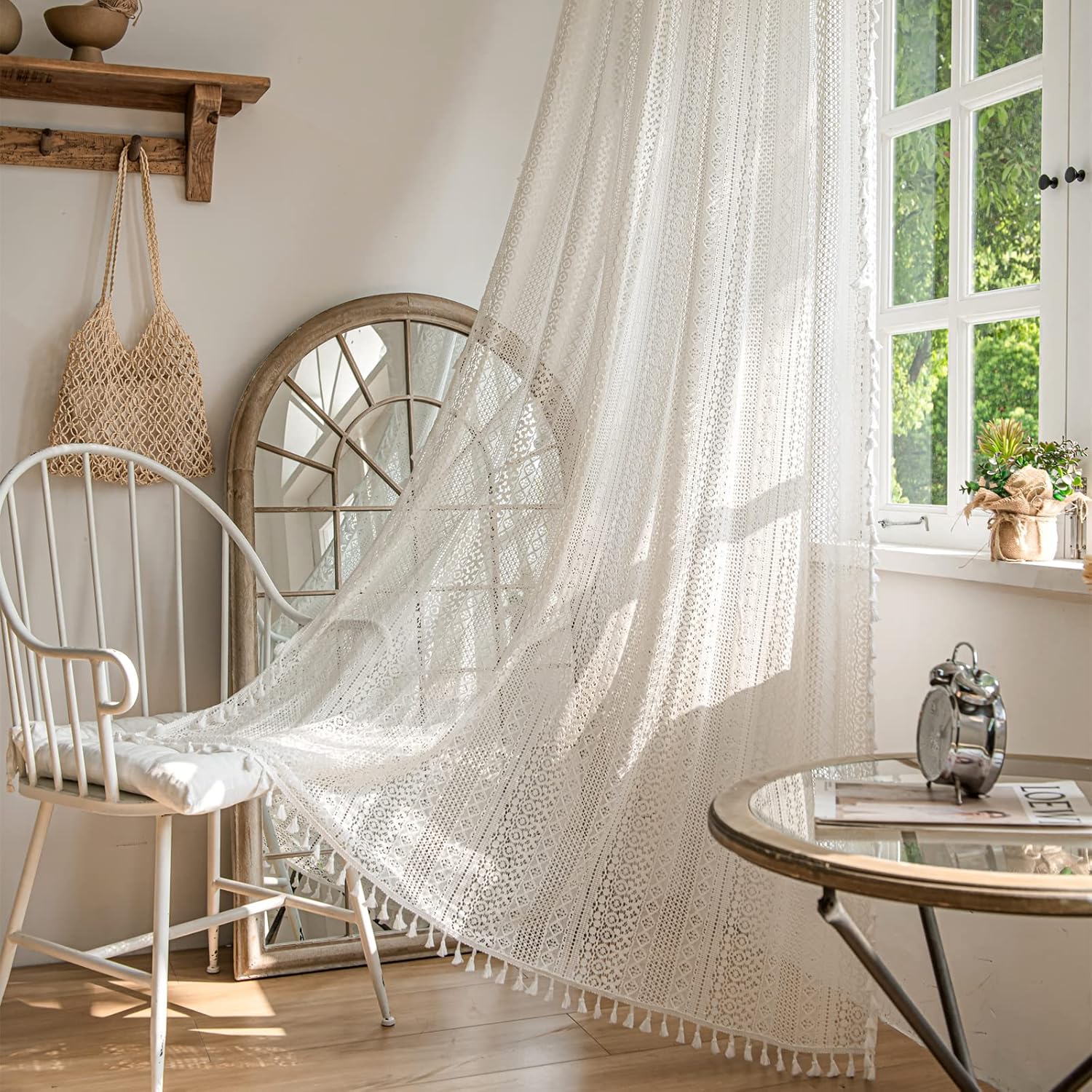 Deeprove White Boho Curtains 96 Inches Long, Sheer Crochet Lace Knitting Handmade Macrame Tassels for Bedroom Living Room, Vintage Shabby Chic Window Treatment Drape W59 x L96, 1 Panel