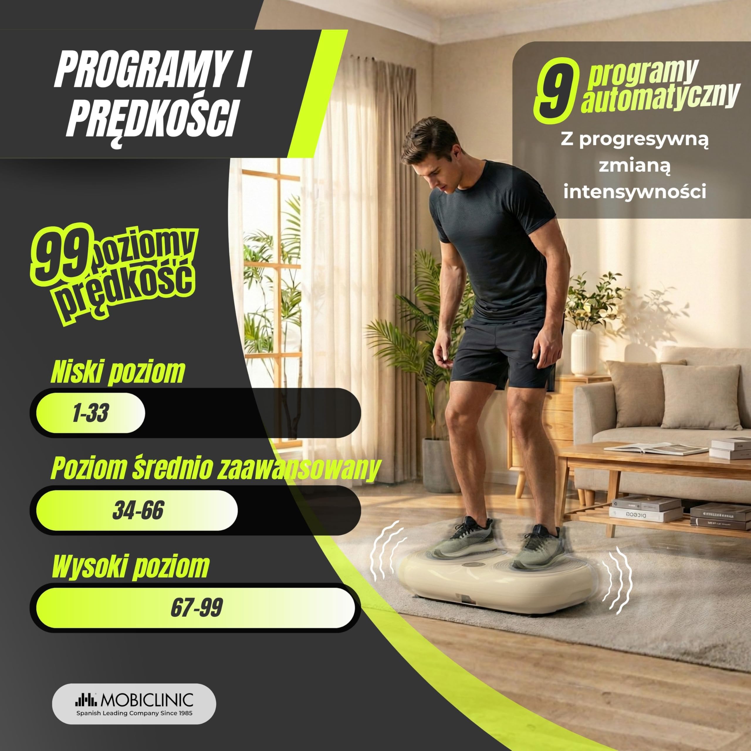 Mobiclinic®, Płyta Wibracyjna, 99 Niveaux de Vitesse, avec Élastiques, 9 Programmes Automatiques, 200 W, Jusqu'à 150 kg, Écran Numérique et Télécommande, Karol