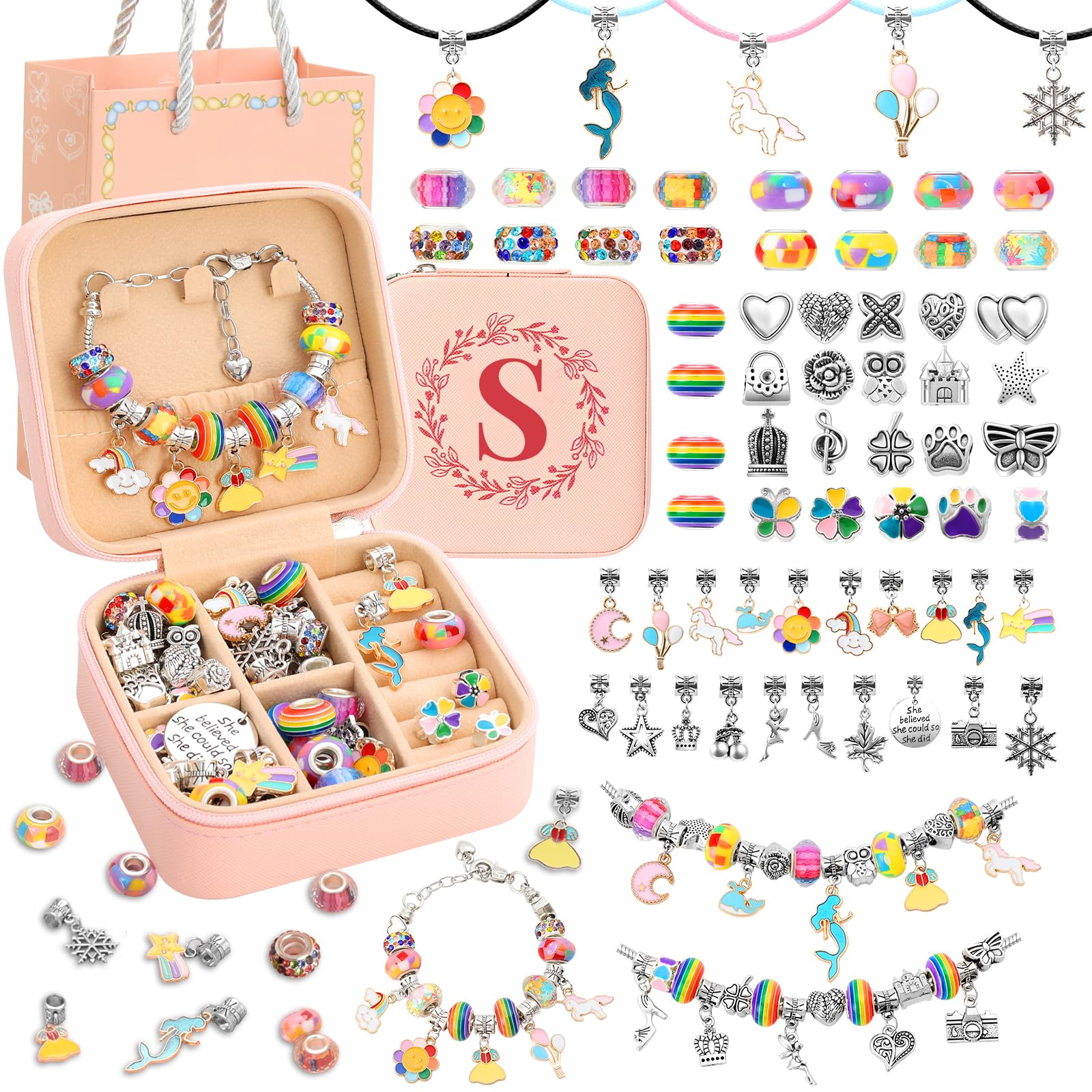 Charm Bracelet Making Kit for Girls 3-12, Kids Jewelry Making Kit 66Pcs Jewelry Kits for Girls Ages 8-12 Jewelry Maker Craft Necklace Birthday Christmas Gifts with Initial Jewelry Organizer Box - S