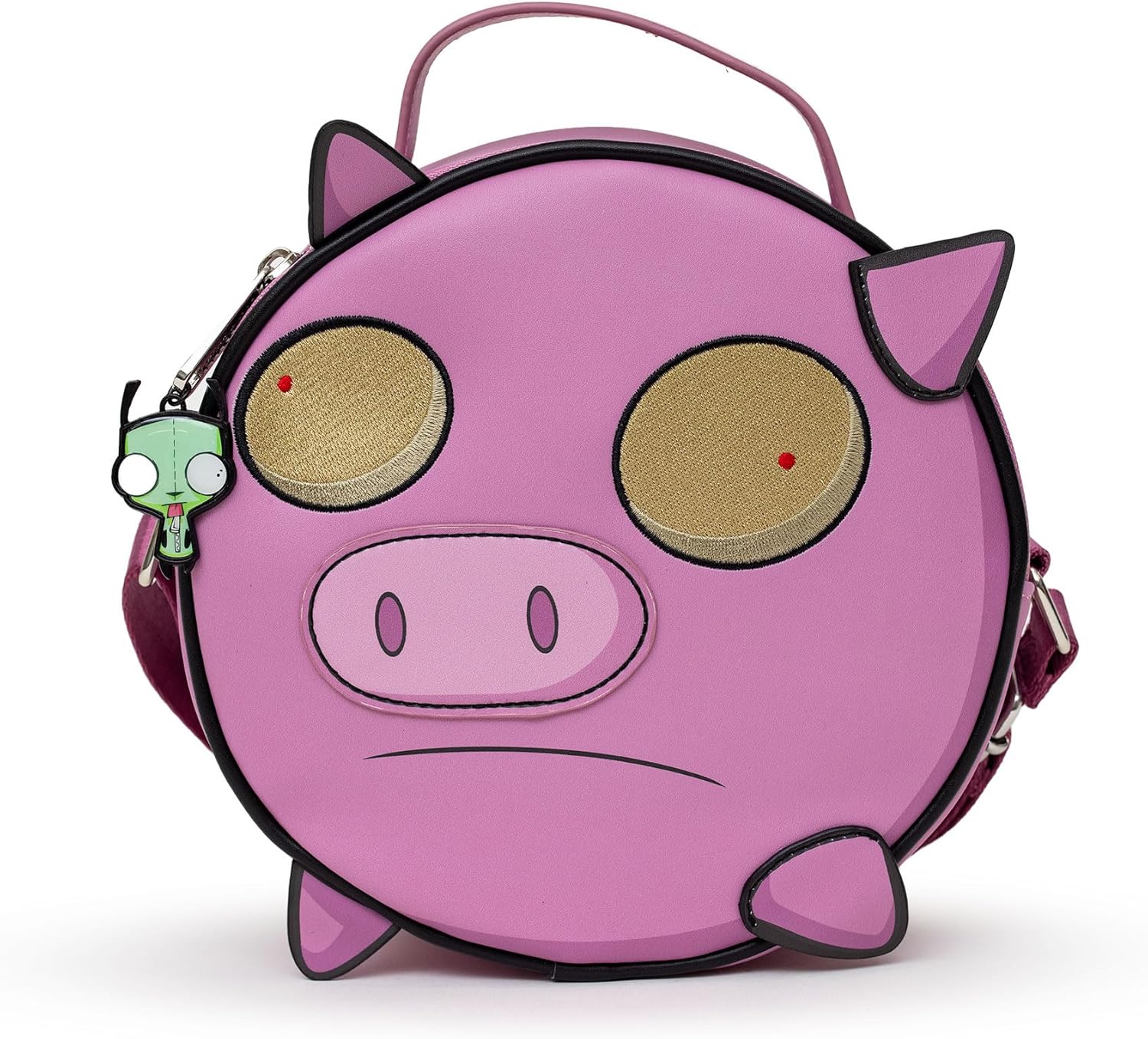 Nickelodeon Bag, Crossbody, Round, Invader Zim Piggy Close Up Applique with Embroidery, Pink, Vegan Leather