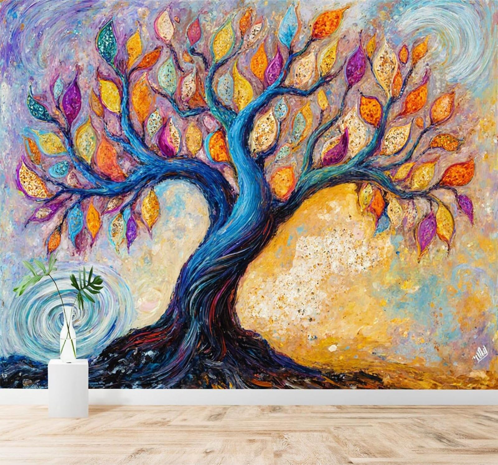 XLMING Abstract Colourful Trees Swirling Sky Vibrant Leaves 3D Wallpaper Silky Texture Home Study Office Grey Dining Room Sofa Bedroom Living Room TV Backdrop-200cm×140cm
