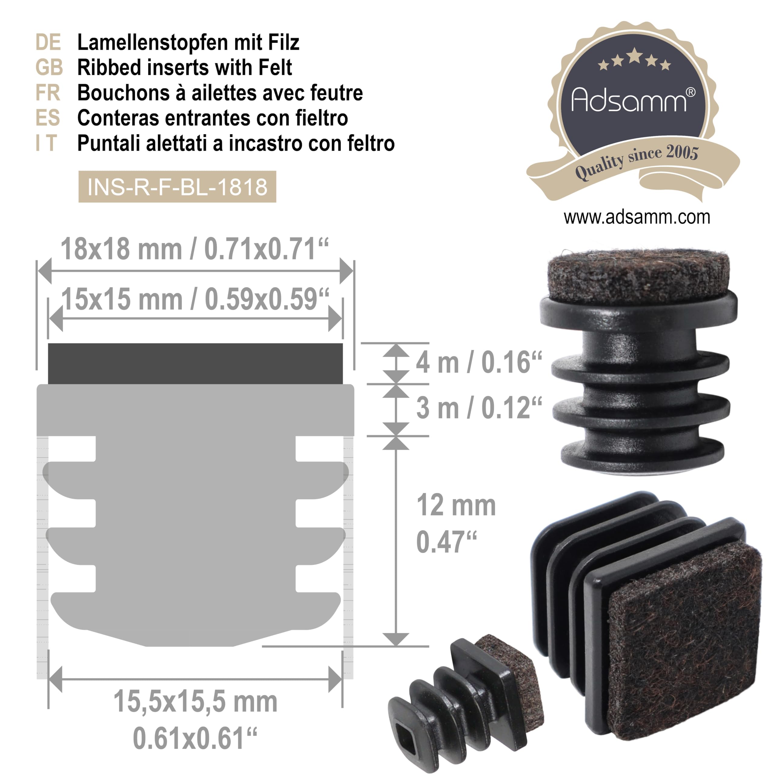 Adsamm 100 x Felt Glides for Tubes Black 14x14-16x16 mm Square Premium Quality Ripped Inserts with Felt for — view 4