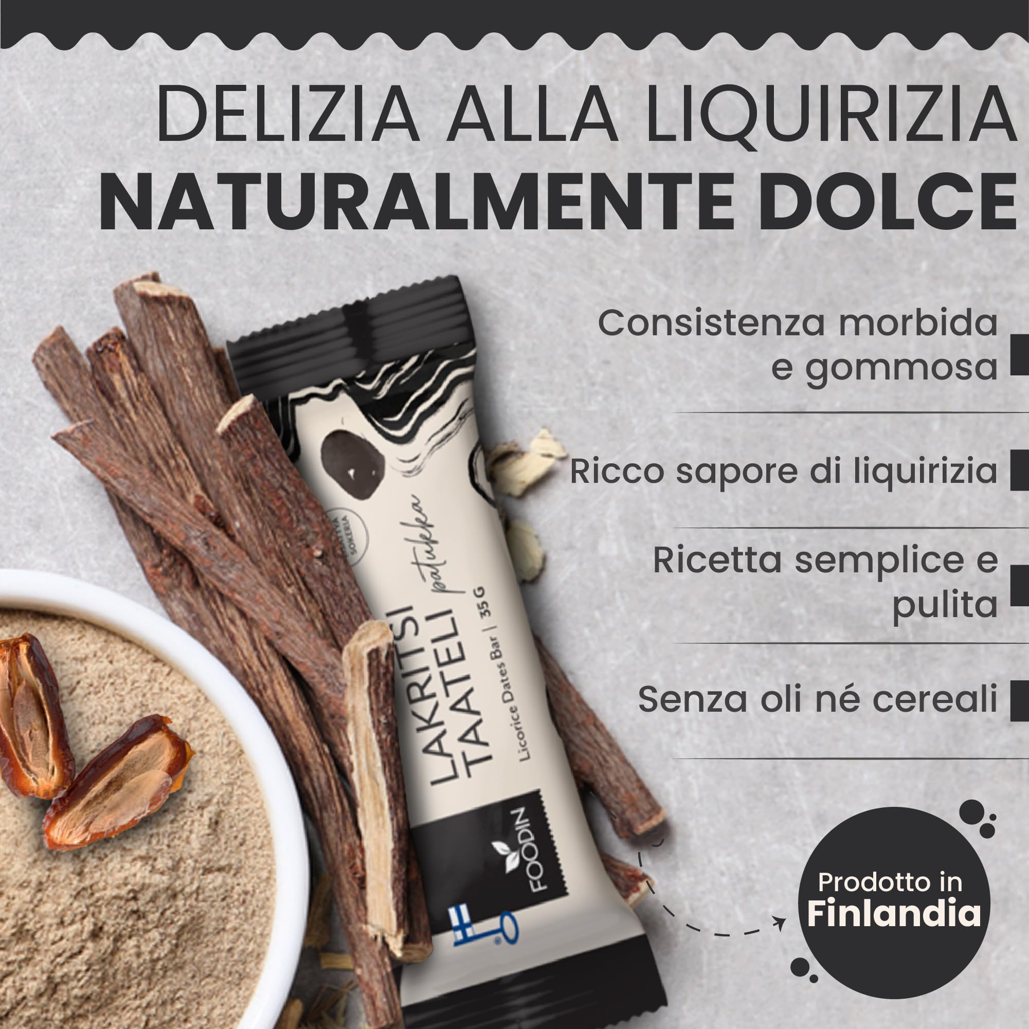 FOODIN Barretta Datteri alla Liquirizia – Snack Vegano Senza Zuccheri Aggiunti, Senza Glutine, Naturale e Ricca di Fibre (18 x 35 g)