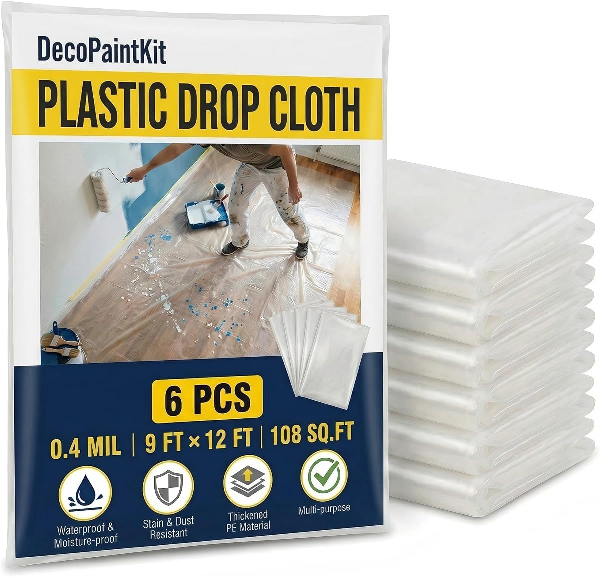 6 Pack 12 x 9 Ft Plastic Drop Cloth for Painting,Clear Waterproof Plastic Sheeting,Painters Drop Cloths for Floor Protection, Furniture Cover, Painting, Home Renovation