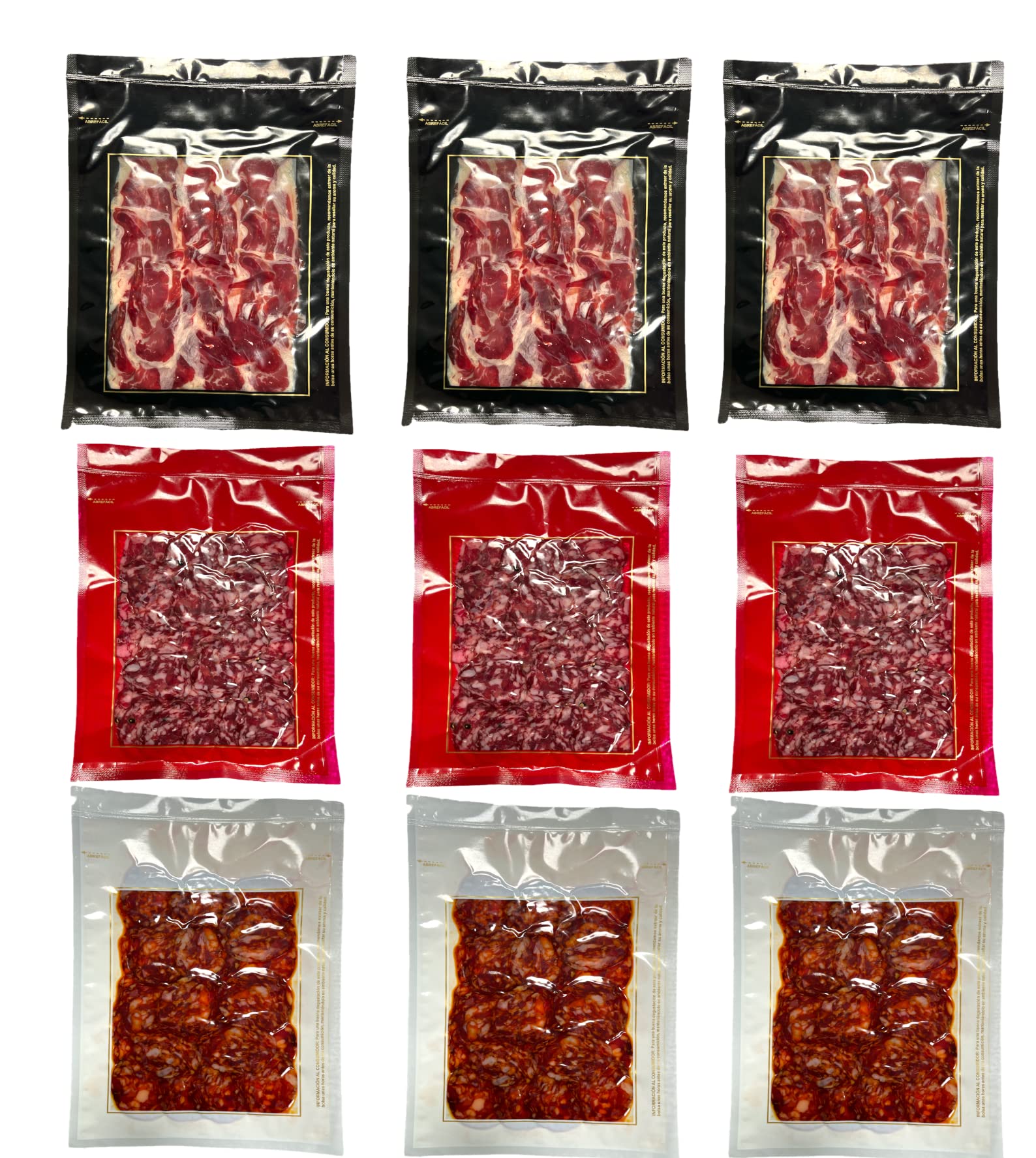 PACK Embutidos Ibéricos, 3 Sobres de Paleta de cebo de Campo, 3 sobres de Chorizo de Bellota y 3 sobres de Salchichón de Bellota