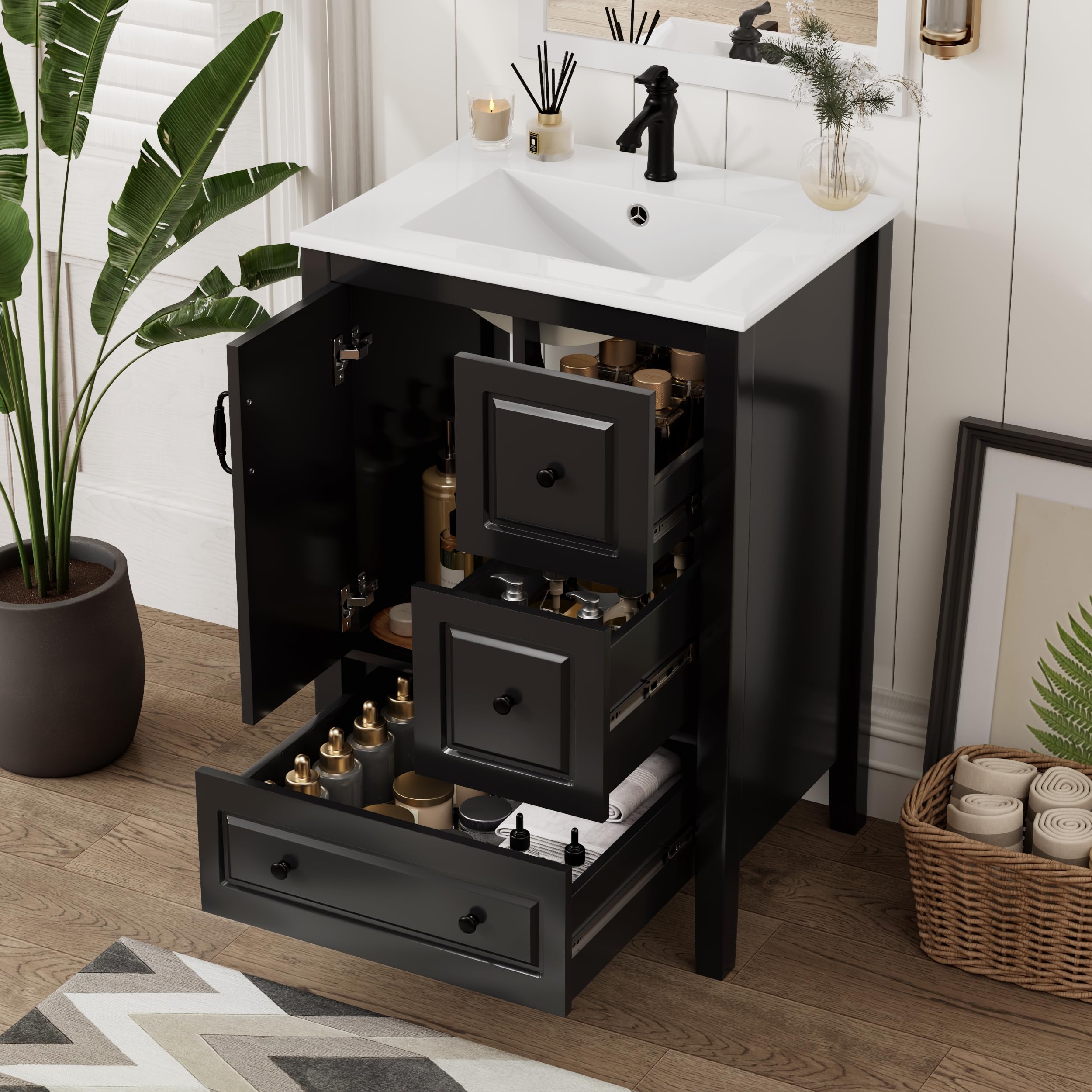 harper & bright designs 24" bathroom vanity with sink, free standing single vanity set with 3 drawers and one door, solid wood storage cabinet with ceramic basin for bathroom, black