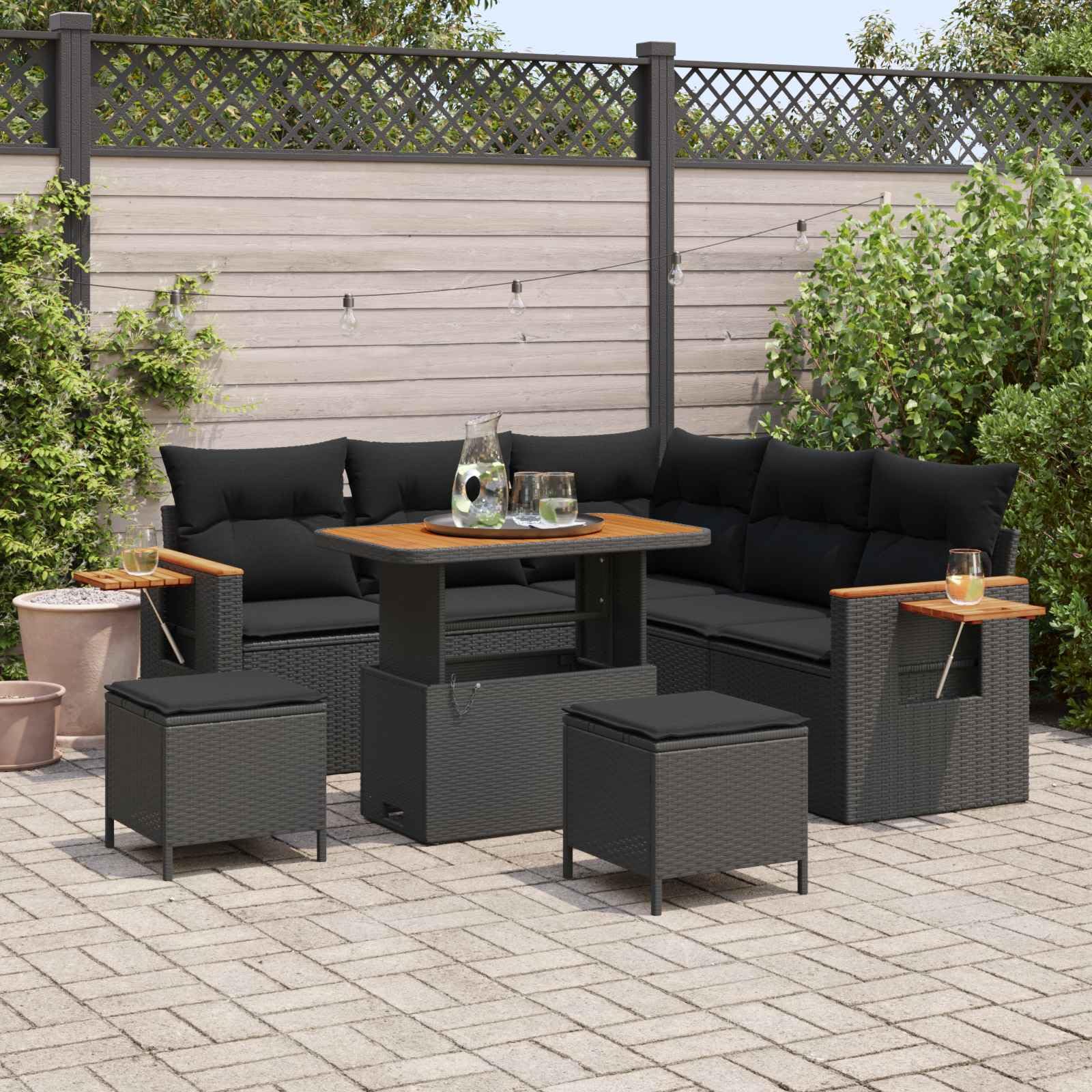 Ensemble de canapé de jardin 8 pcs Noir Polyrotin Salon de jardin modulable avec coussins, Patio terrasse extérieur mobilier résistant intempéries et entretien facile, pour détente et réception