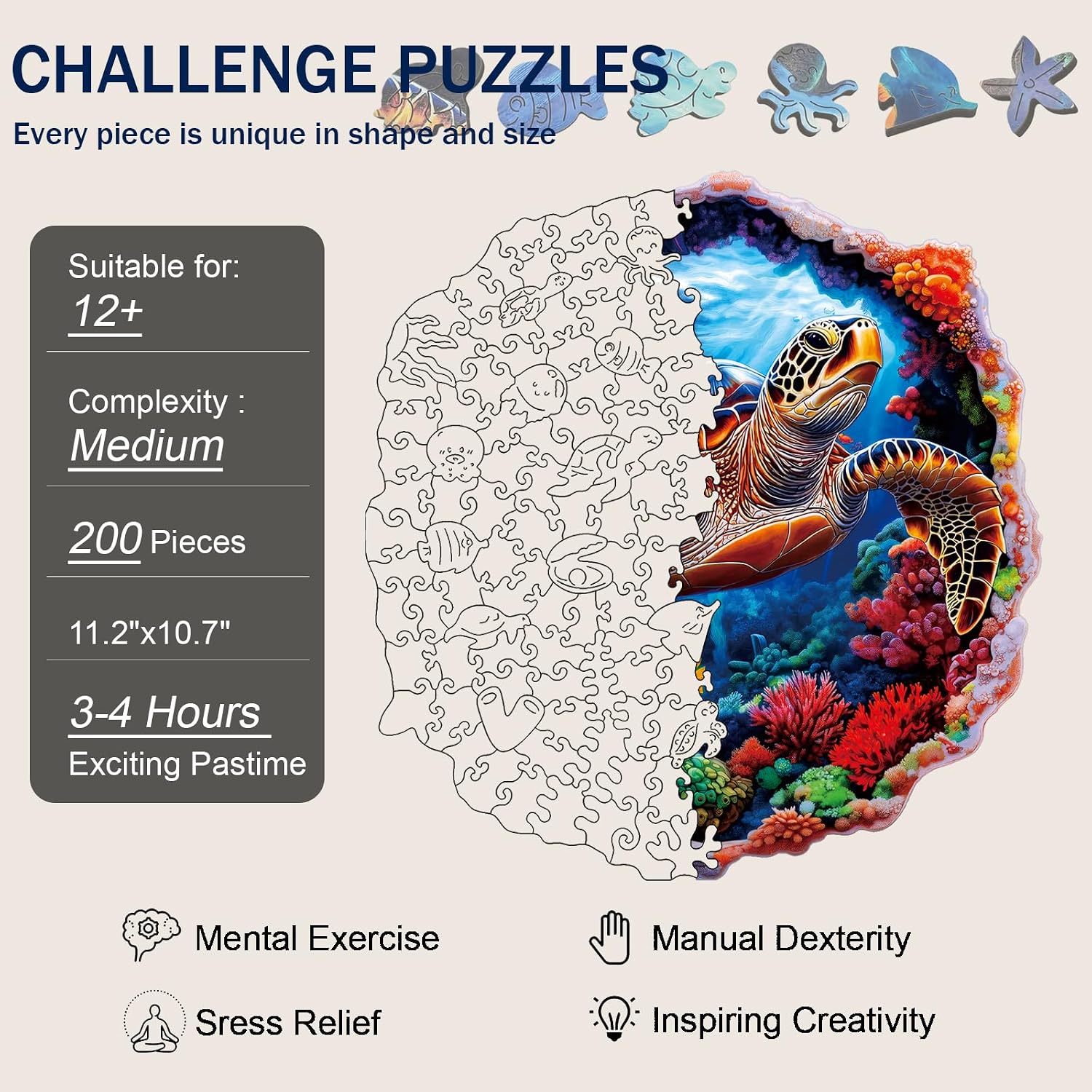 Wooden Jigsaw Puzzles for Adults, Cave Reef Sea Turtle Puzzle, Unique Animal Shaped Wooden Puzzles, Wood Puzzles Adult, Fun Gifts for Friends & Family, 200 Pieces 11.2x10.7 in