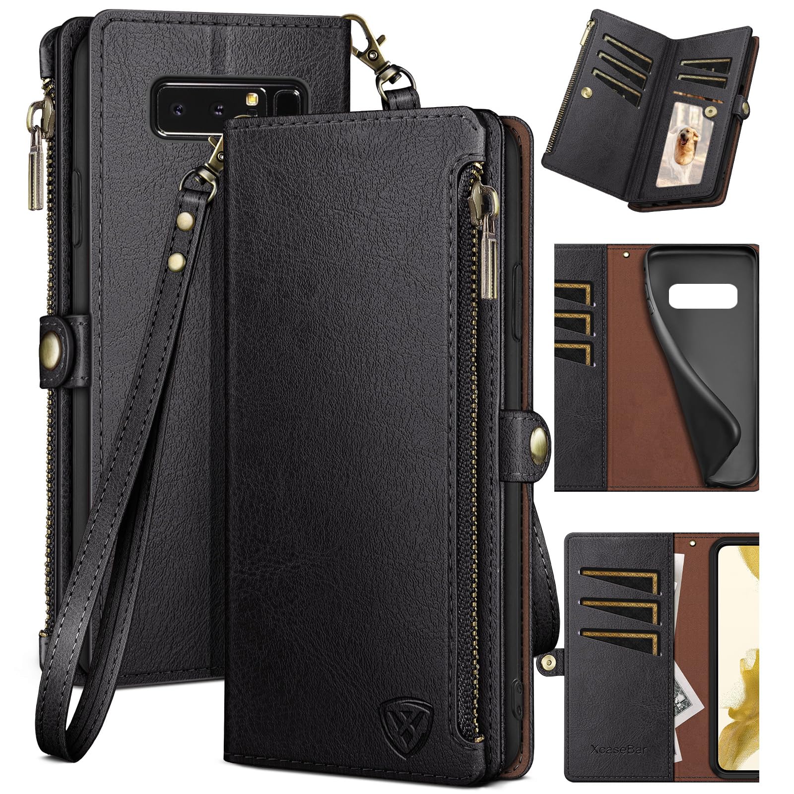 XcaseBar for Samsung Galaxy Note 8 Wallet case with Zipper Credit Card Holder【RFID Blocking】, Flip Folio Book PU Leather Phone case Shockproof Cover