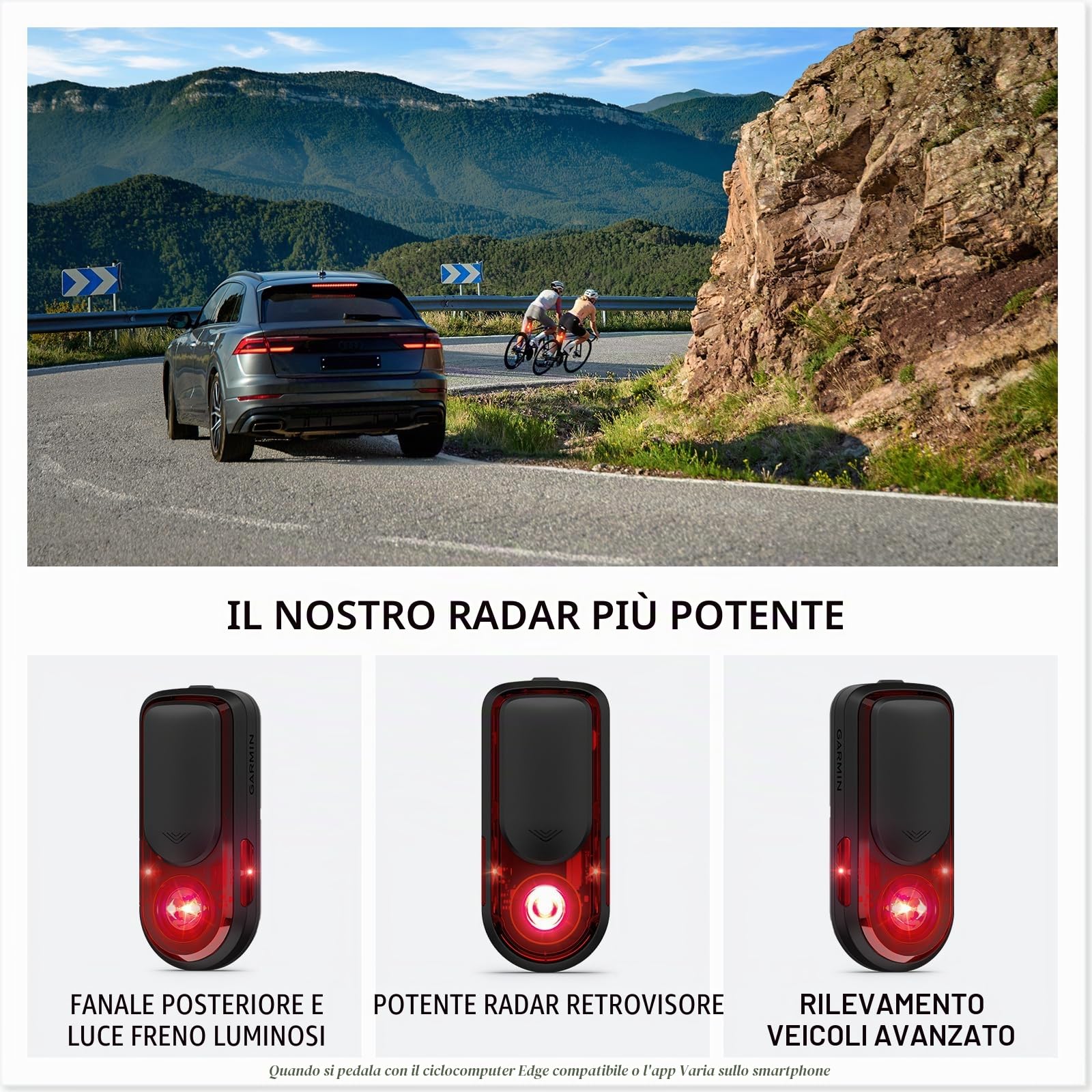 GARMIN Varia RearVue 820 - Radar retrovisore avanzato e fanale posteriore | Fino a 24 ore di durata della batteria e fanale posteriore luminoso visibile fino a 2 km | Traccia veicoli fino a 175 metri