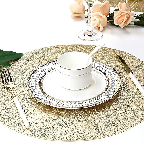 Miniatura 2 de Juego de 4 manteles individuales redondos dorados de Navidad para mesa de comedor, manteles individuales de copo de nieve lavables de 15 pulgadas