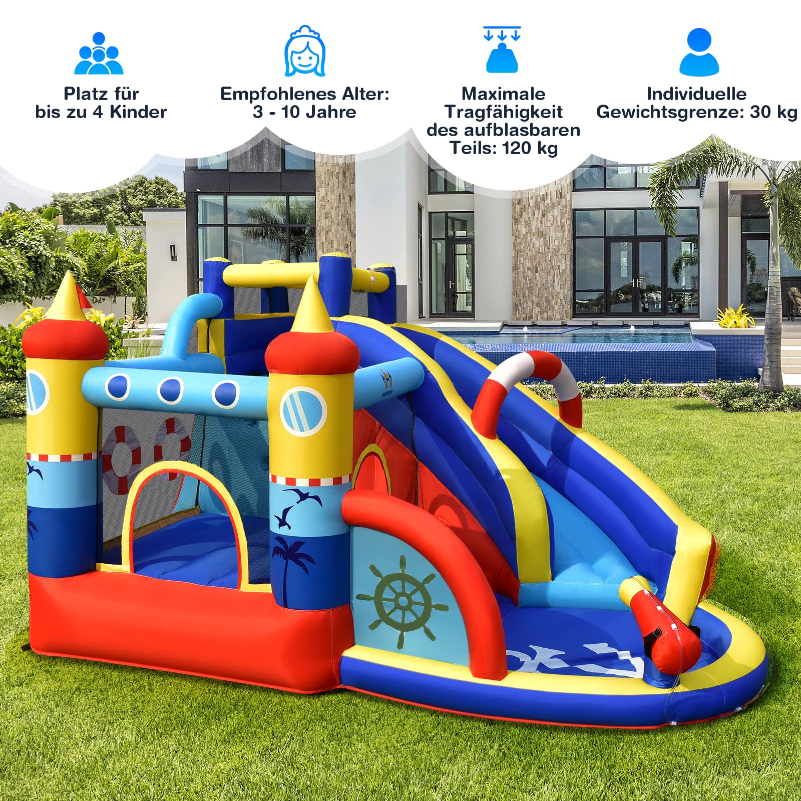 COSTWAY Aufblasbare Hüpfburg, 6-in-1 Wasserpark mit Rutsche, Planschbecken & Wasserkanone, Outdoor Bouncer Hüpfschloss Springburg für Kinder, Garten, 360 x 290 x 200 cm