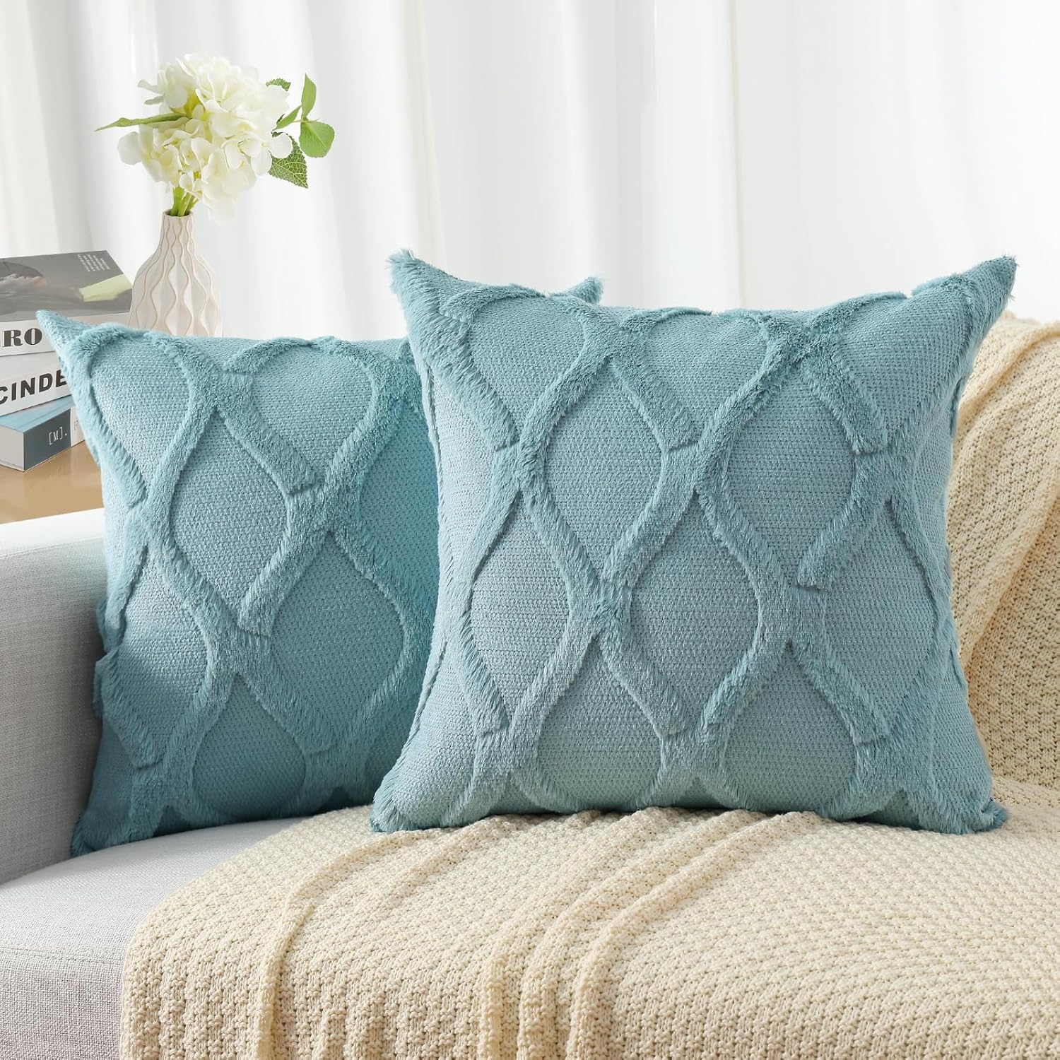 decorUhome Decorative Throw Pillow Covers 18x18 Set of 2, Soft Plush Faux Wool Pillow Covers for Couch Bed Sofa Living Room, Aqua 18 x 18-Inch (Pack of 2) Aqua