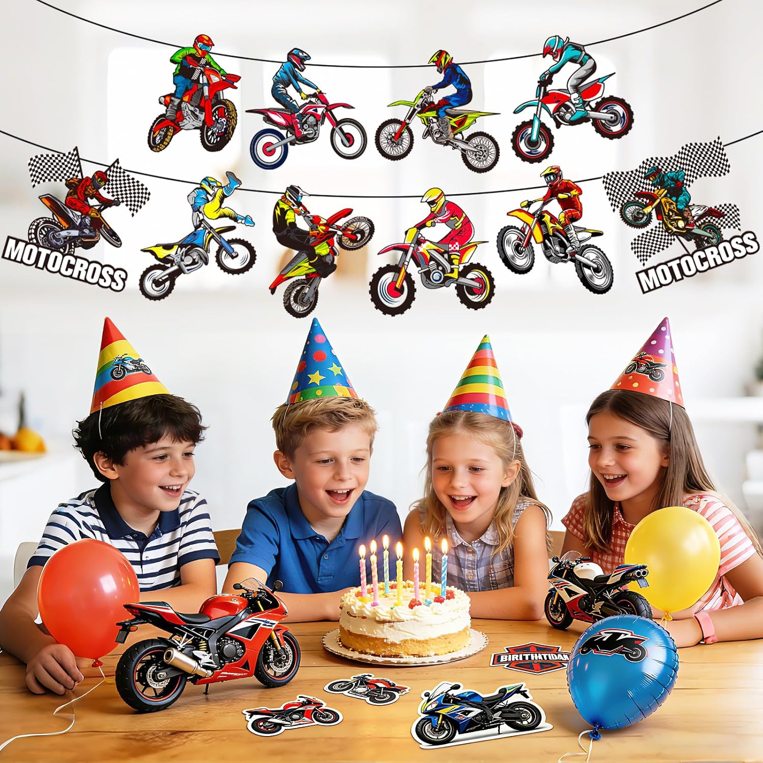 Motocross Birthday Party Decorations - Dirt Bike Door Banner Porch Sign, Extreme Sports Checkered Flag Paper Cutouts Hanging Decor for Boys Room, Garage, Man Cave, 10 Pcs with Glue Dots & Ropes