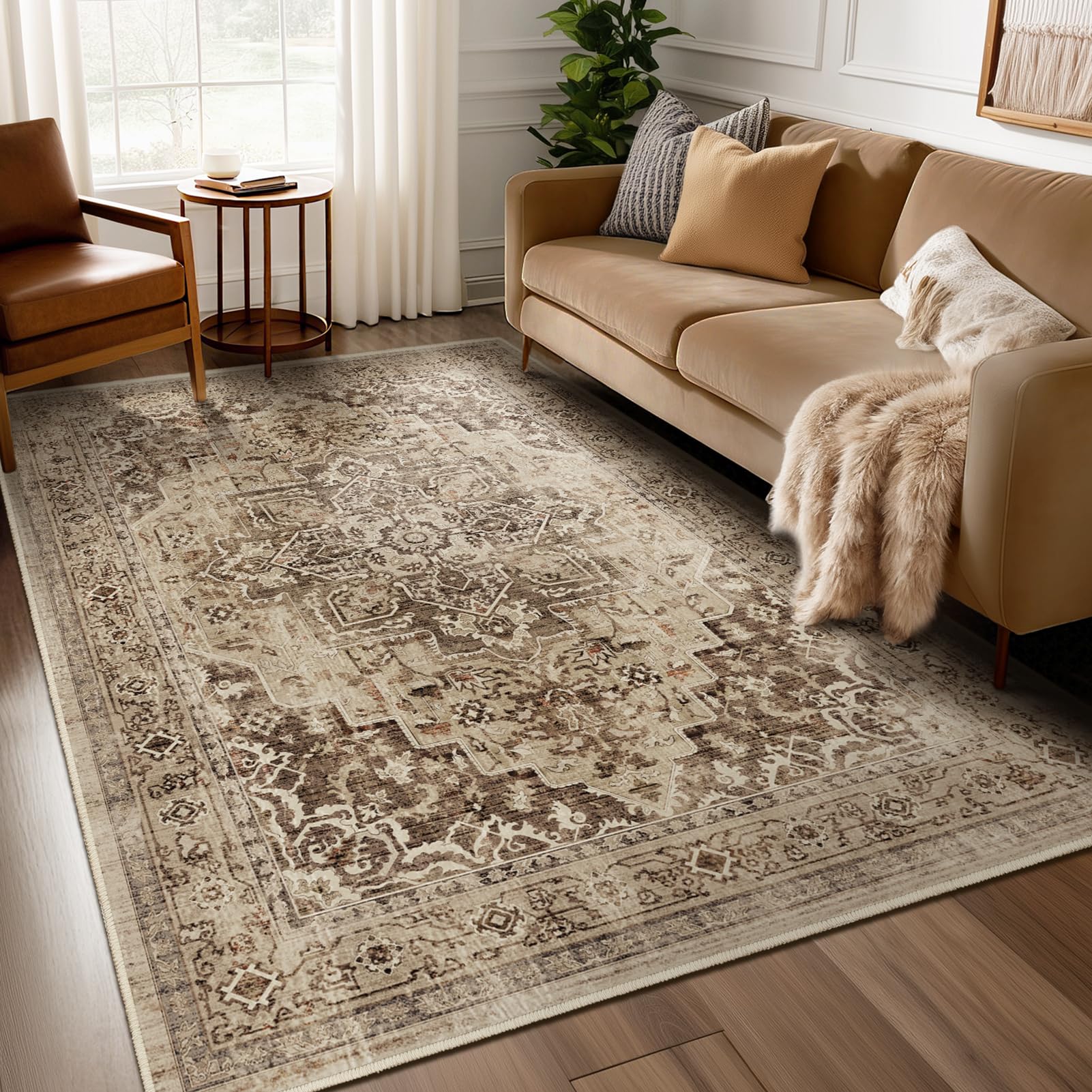 Jainmy Vintage Brown 5x8 Area Rugs for Living Room, Distressed Medallion Dining Room Rug Washable Non Slip, Low Pile Thin Carpet Rugs for Den/Bedroom/Foyer/Home Office, Earthy Brown Taupe Black โ image 1