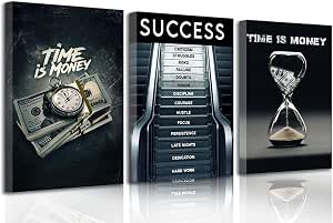 3-Piece Framed 'Time Is Money' Canvas Wall Art - Office & Home Decor
