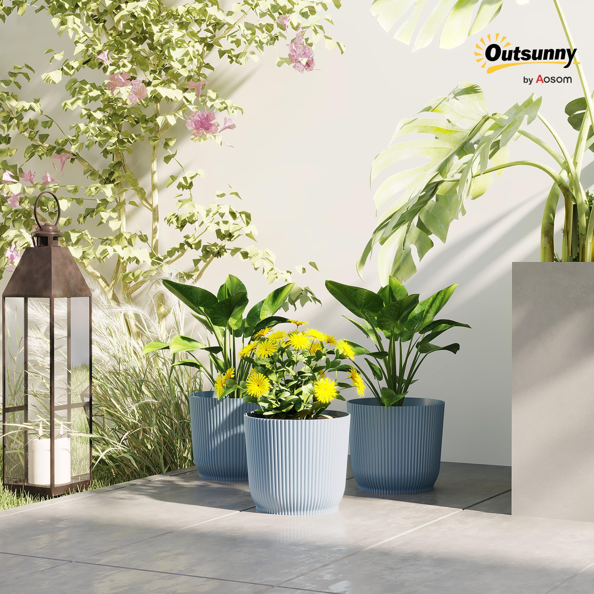 Outsunny Lot de 3 Pots en Plastique 22cm, Bleu