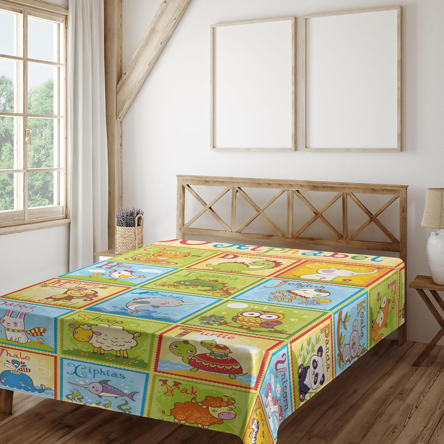 Ambesonne Science Flat Sheet, Zoo Alphabet Design Colorful Style Funny Cartoon Animals, Soft Comfortable Top Sheet Decorative Bedding 1 Piece, Full Size, Multicolor