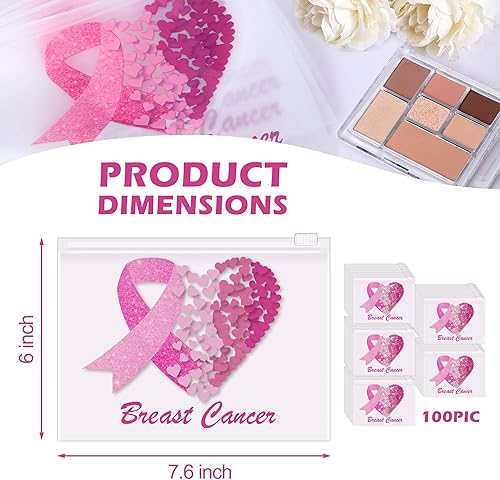 Miniatura 2 de 100 bolsas de maquillaje para concientización sobre el cáncer de mama, bolsas de cosméticos impermeables con cinta rosa con cremallera, bolsas de