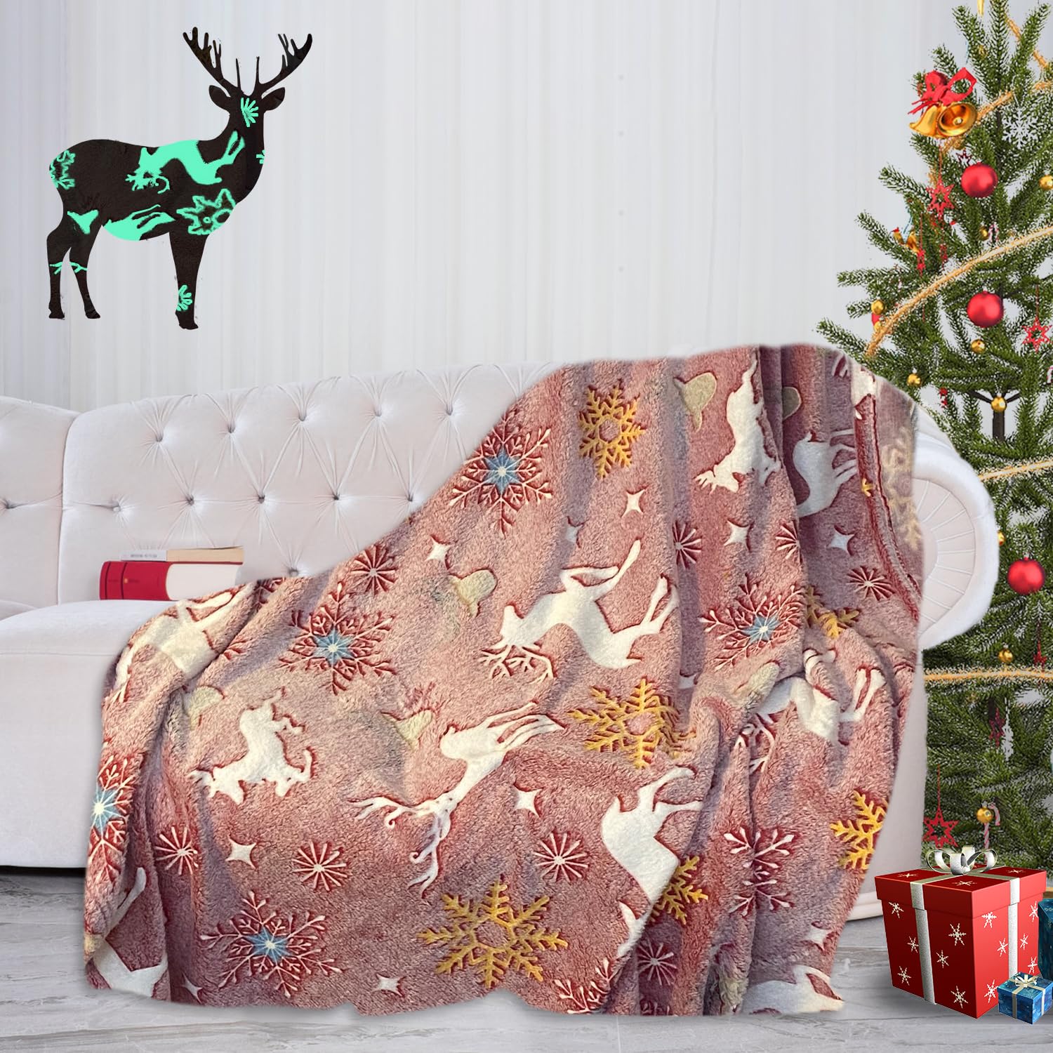 Christmas Glow in The Dark Blanket, 59×51 Inch Soft Flannel Fleece All Season Throw Blanket with Cute Pattern for Kids (Red-Deer)