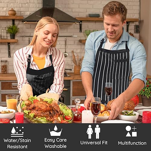 Miniatura 2 de Paquete de 2 delantales de cocina a rayas para hombres y mujeres, delantal ajustable con 3 bolsillos, delantal de chef para cocinar, hornear,