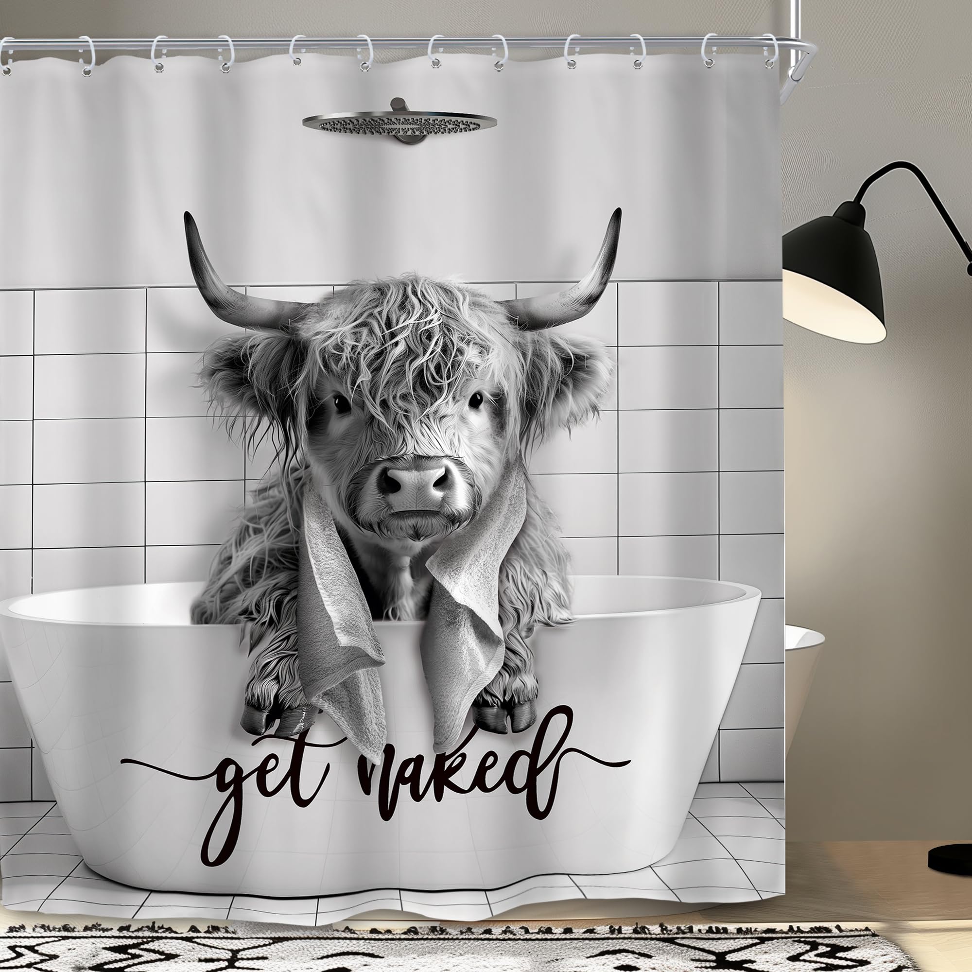 Funny Highland Cow Shower Curtain Set - Western Bathroom Decor -11