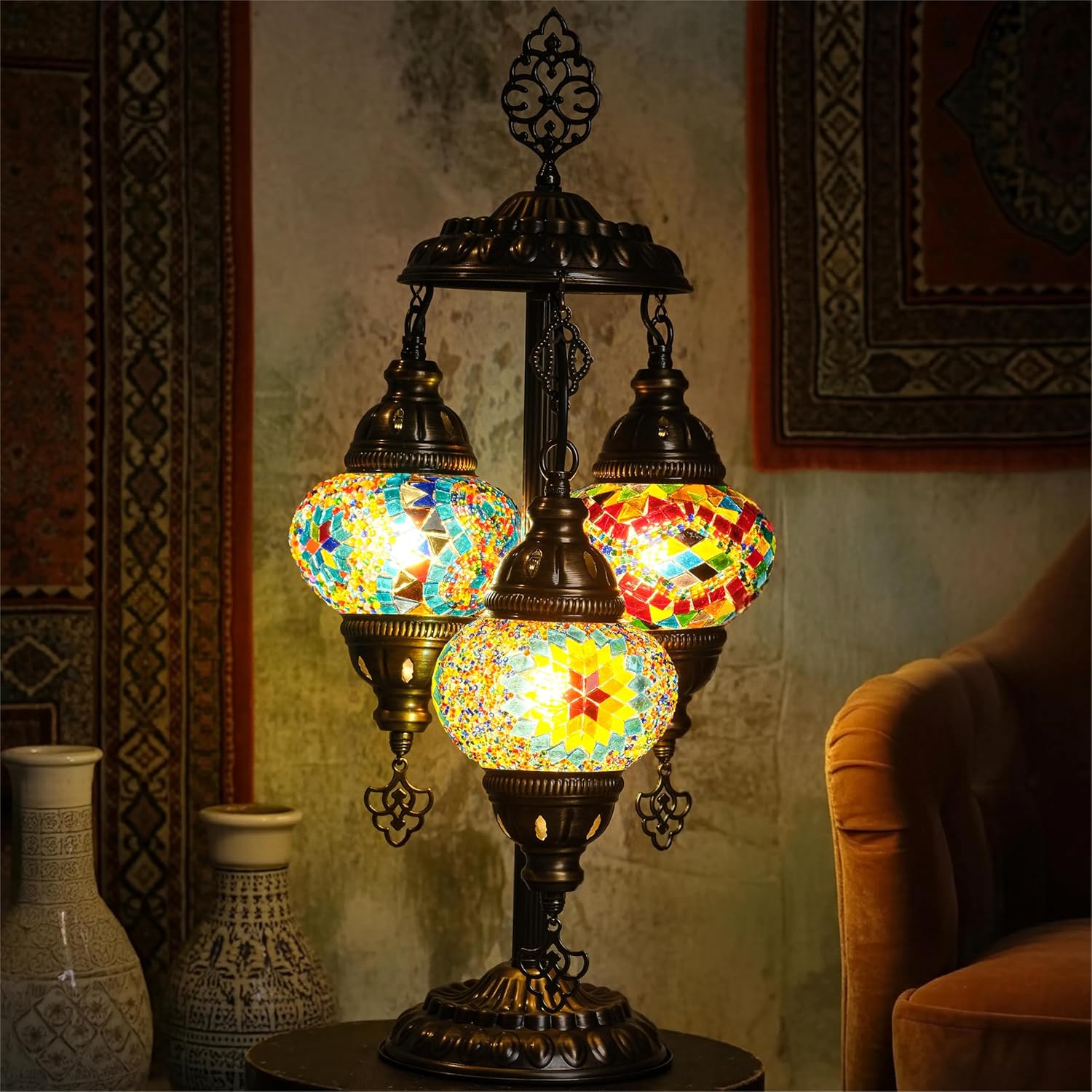 Mozaist Turkish Mosaic Lamp with Bulb – 3 Globe Tiffany-Style Table Light (Cappadocia Balloon)