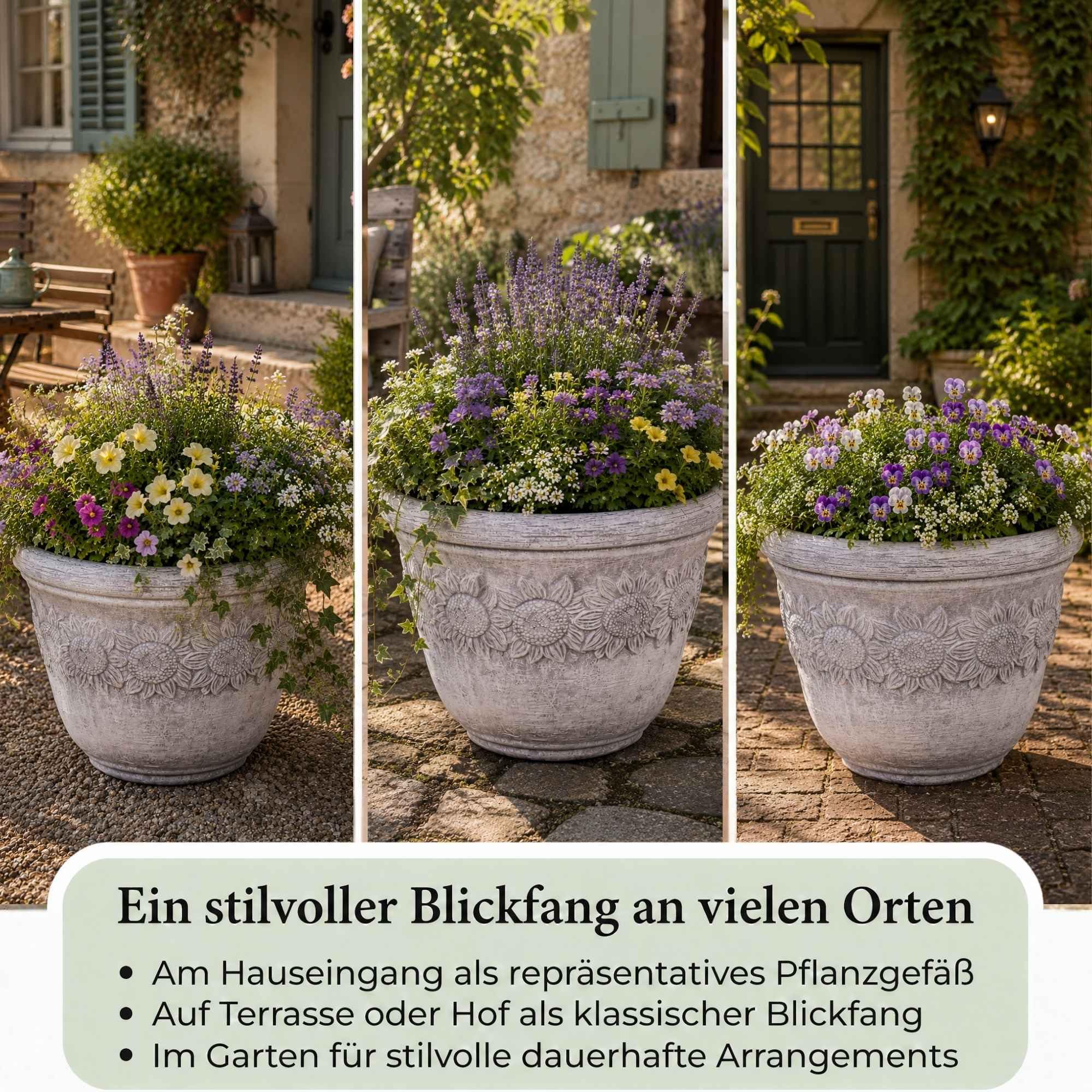 gartendekoparadies.de Donica na rośliny doniczka z motywem słonecznika, rozmiar XL, wysokość 35 cm, szerokość 45 cm, Ø wewnętrzna 38 cm, 29 litrów, szara, waga 23 kg, wykonana z odlewu kamiennego, odporna na mróz