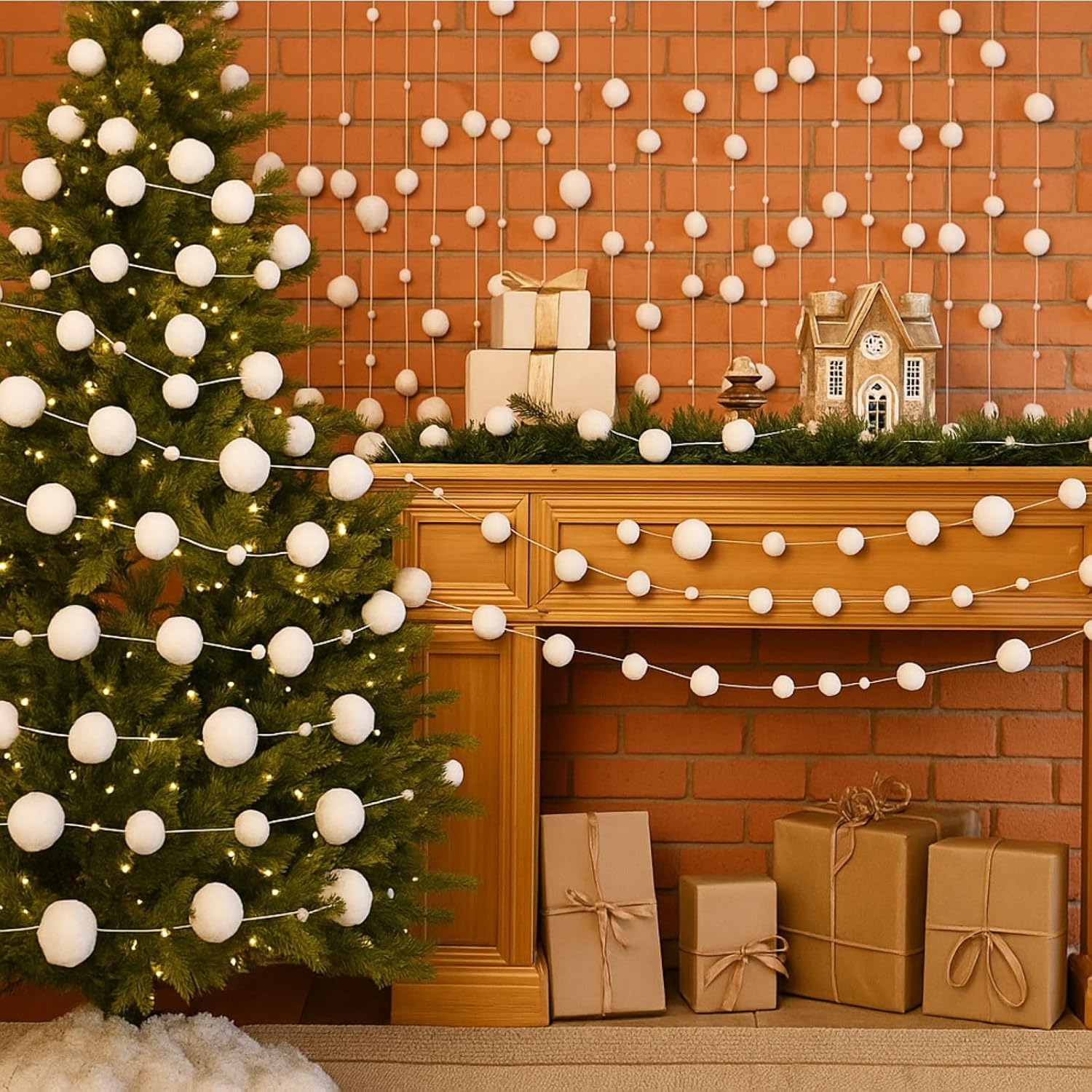 Tegeme 12 Pcs Winter Snowball Garland 6.5 Feet White Pom Pom String Garland Winter Party Wonderland Decoration Snow Ball Hanging Banner White Snowball Decor for Ceiling Tree Holiday Party Wall Home