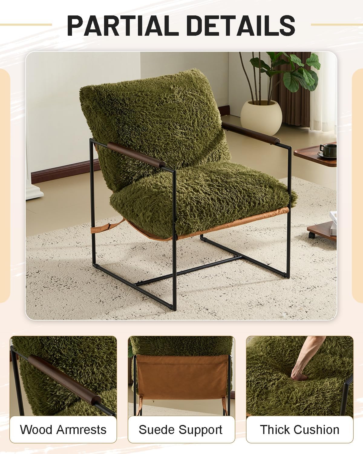 Karl home Modern Accent Chair Plush Fleece Upholstered Living Room Chair with Metal Frame Wooden Armrest Comfy Lounge Armchair for Living Room, Bedroom, Balcony, Reading Room, Green