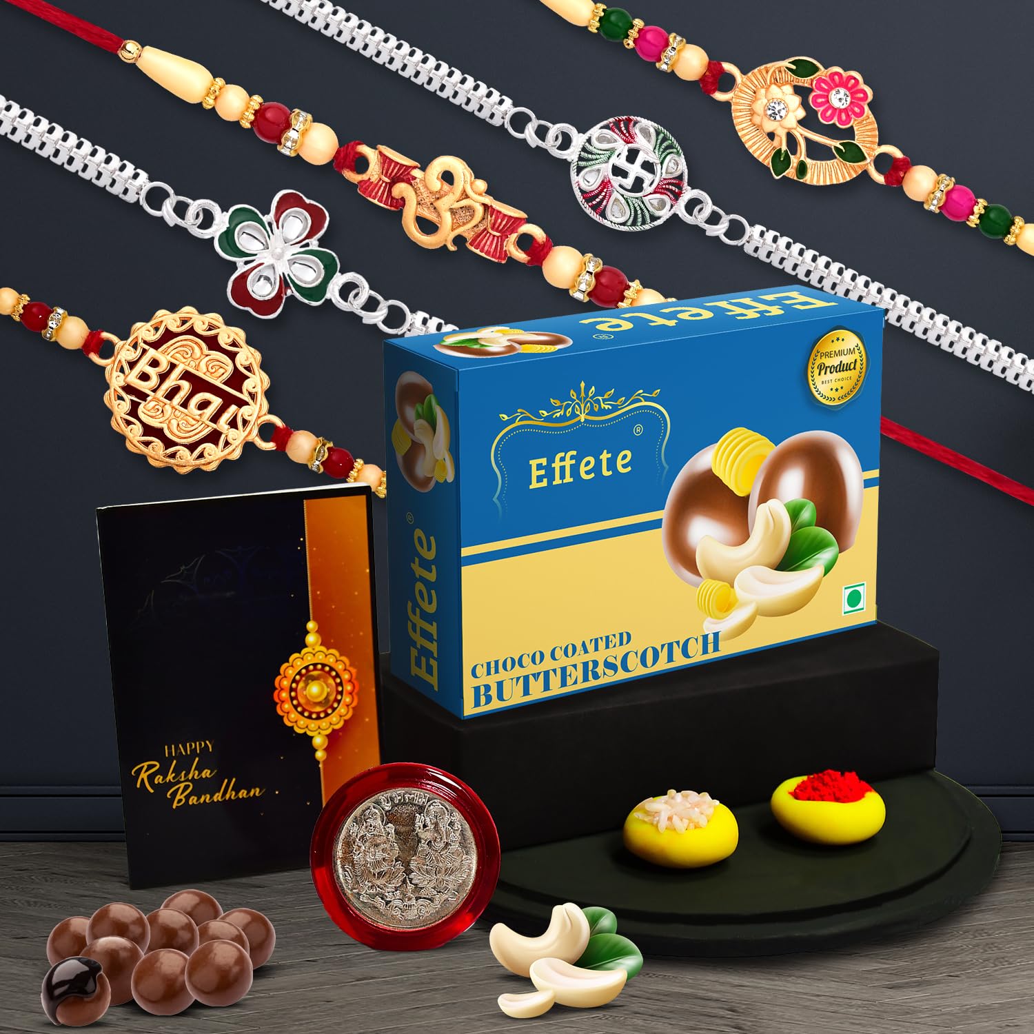 DeoDap (K5_NC44_BS32) Multicolor Rakhi Combo with Effete Chocolate Butter Scotch , Silver Color Pooja Coin, Roli Chawal & Greeting Card, Occasion, Rakhi & Chocolate for brother, Rakhi with chocolate, rakhi with gift, Rakhi Combo, Set of 5 Rakhi, Rakhi Chocolate Gift combo-image-41
