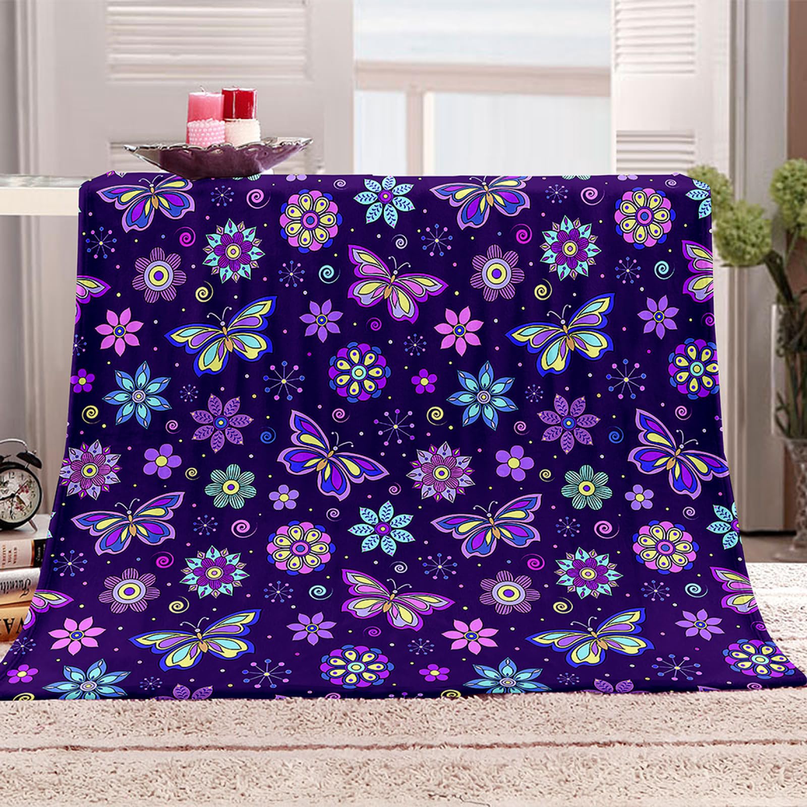 Couverture en flanelle fleur de papillon pourpre 140x200cm pour lit et canapé