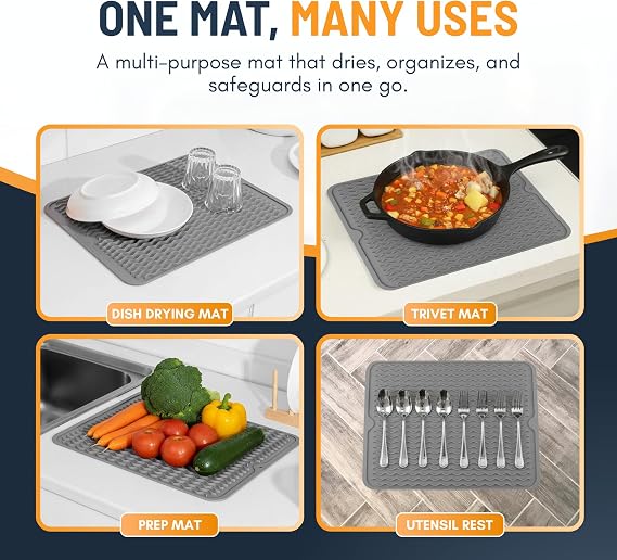 Silicone Dish Drying Mat for Kitchen Counter (30 x 40cm) Draining Board Mats, Silicone Draining Mats for Kitchen Sink, Drainer Mat (Grey)