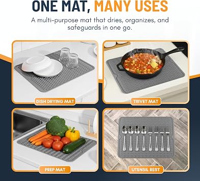 Silicone Dish Drying Mat for Kitchen Counter (30 x 40cm) Draining Board Mats, Silicone Draining Mats for Kitchen Sink, Drainer Mat (Grey)