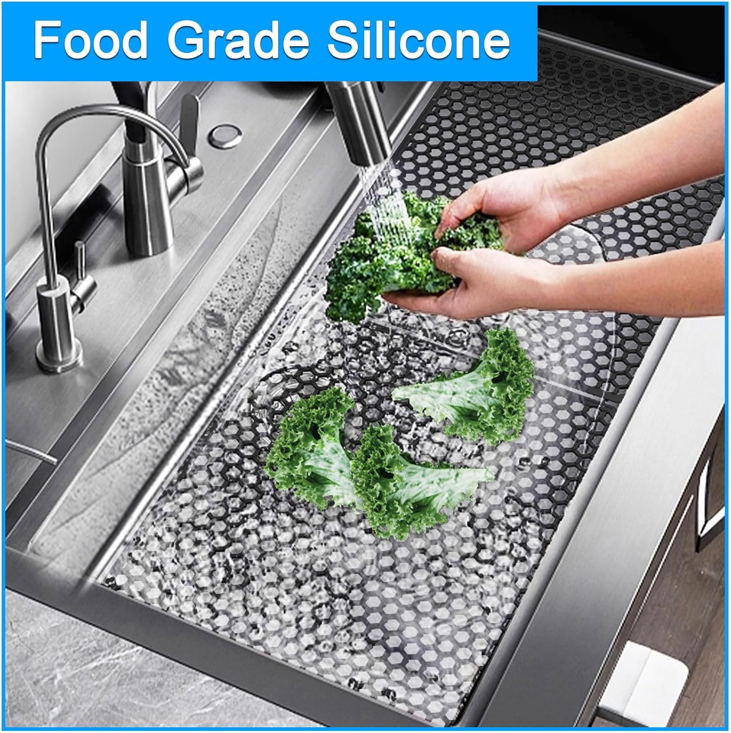 Sink Protectors - 2Pcs Heat-Resistant Silicone Sink Mats, Stainless Steel, Farmhouse (Black)