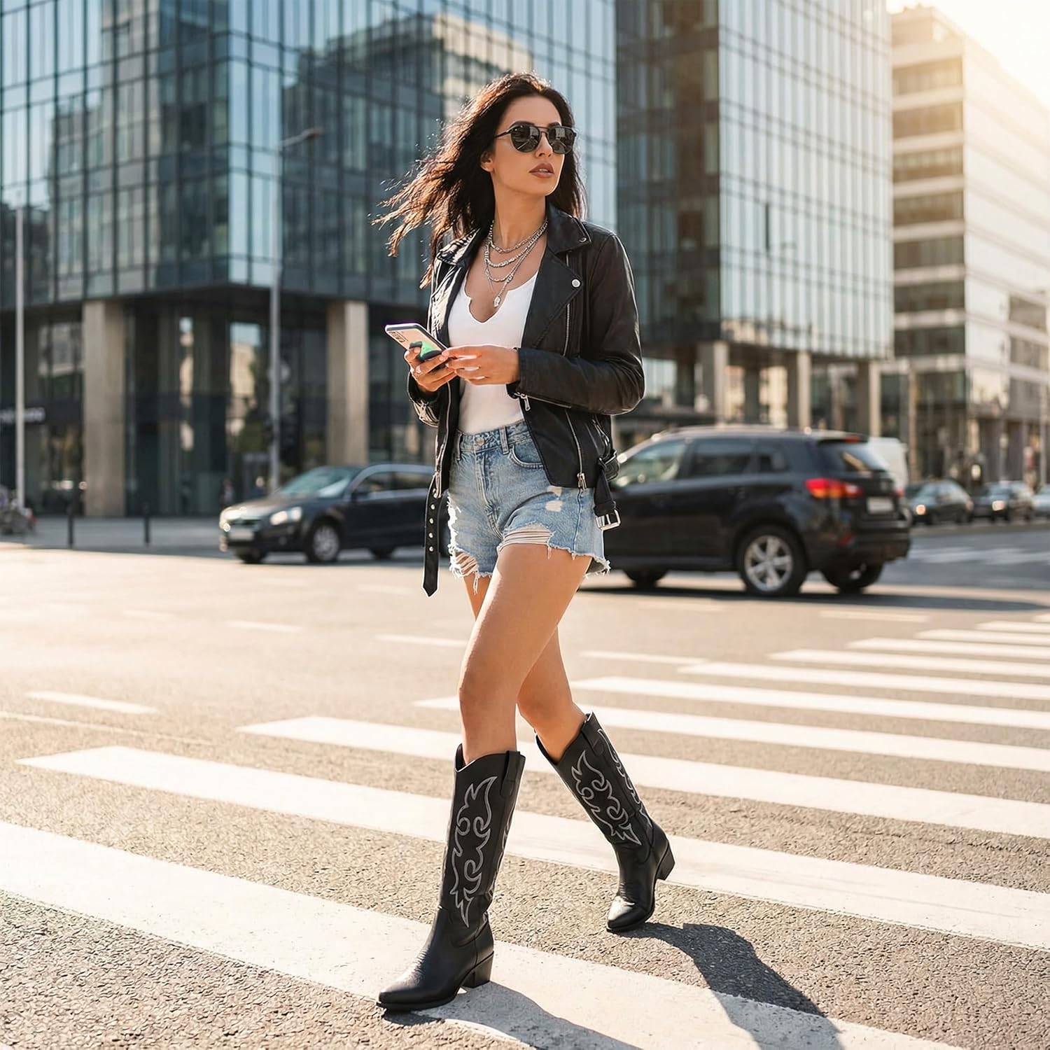 Cowboy Boots for Women Knee High Cowgirl Boots Wide Calf Square Toe Chunky Heel Embroidered Western Black Boots Pull On Fashion Retro Classic Vintage Long Tall Boots for Ladies, Breathable